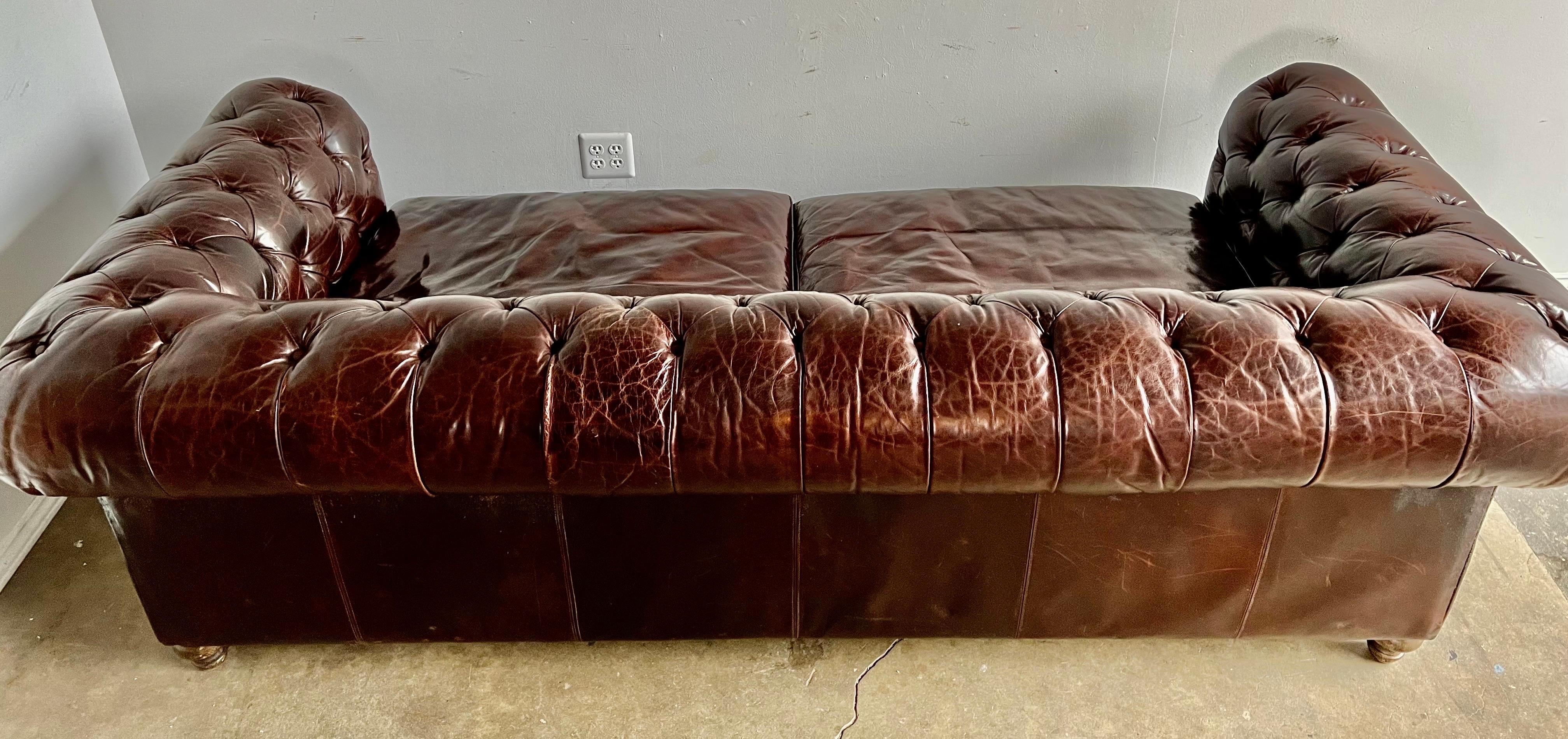 Mid-Century Leather Tufted Sofa w/ Loose Cushions For Sale 3