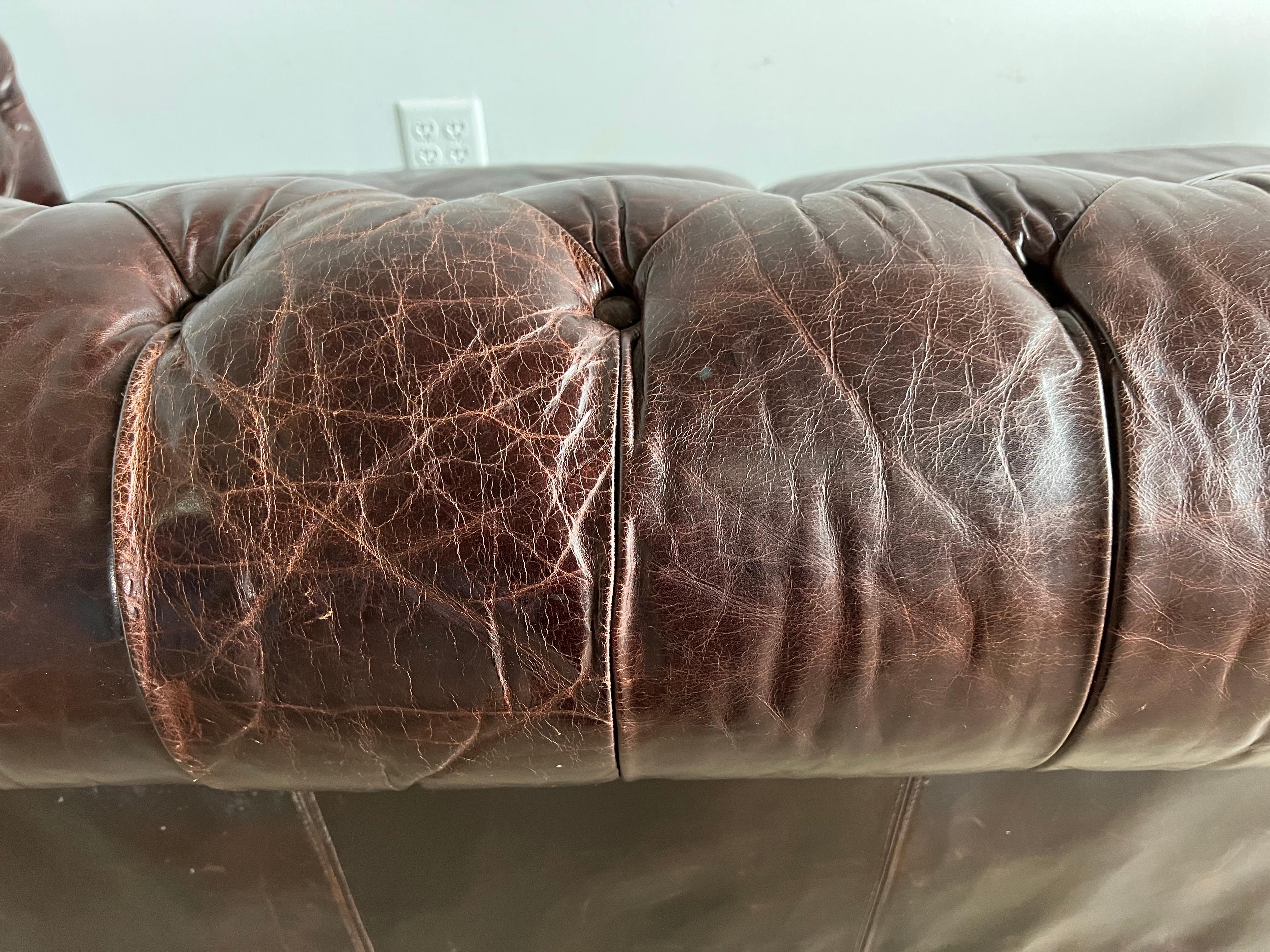 Mid-Century Leather Tufted Sofa w/ Loose Cushions For Sale 4