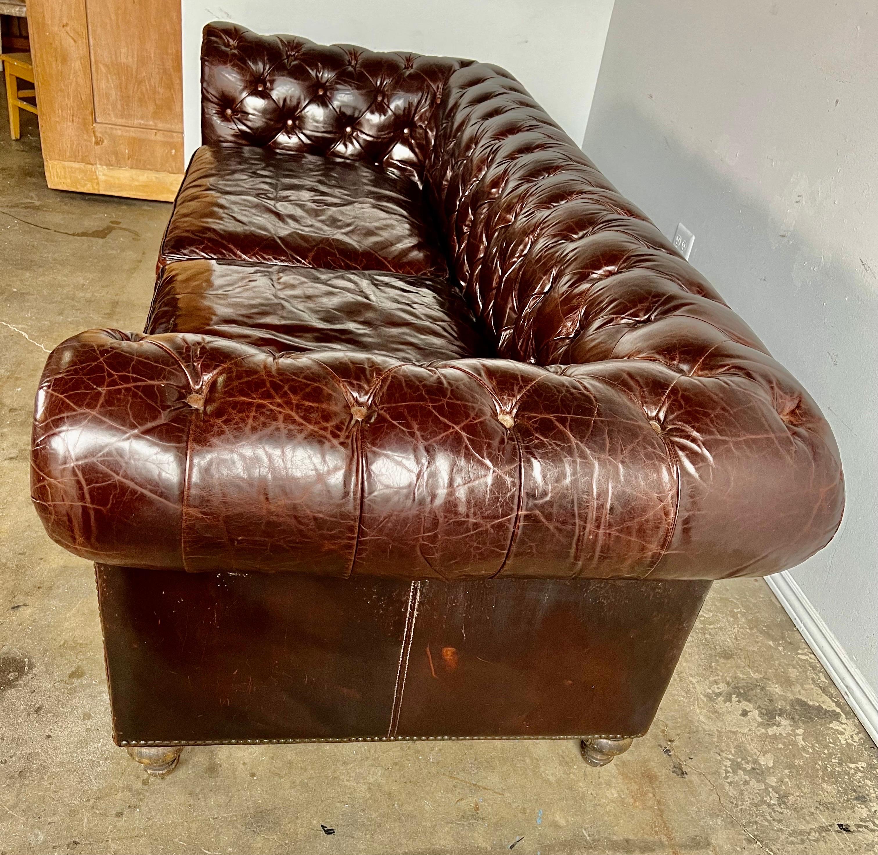 Mid-Century Leather Tufted Sofa w/ Loose Cushions In Distressed Condition For Sale In Los Angeles, CA
