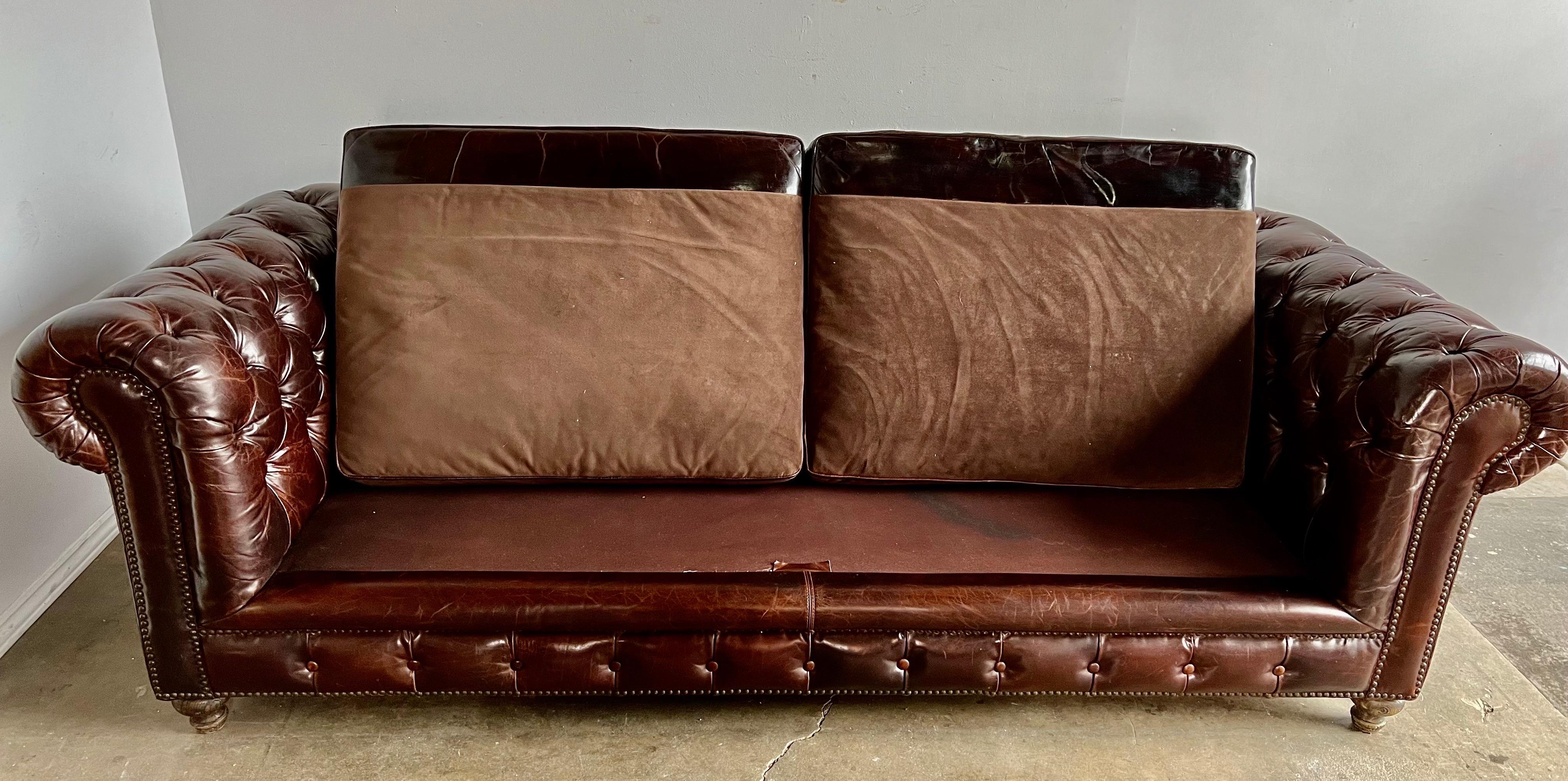 Mid-20th Century Mid-Century Leather Tufted Sofa w/ Loose Cushions For Sale