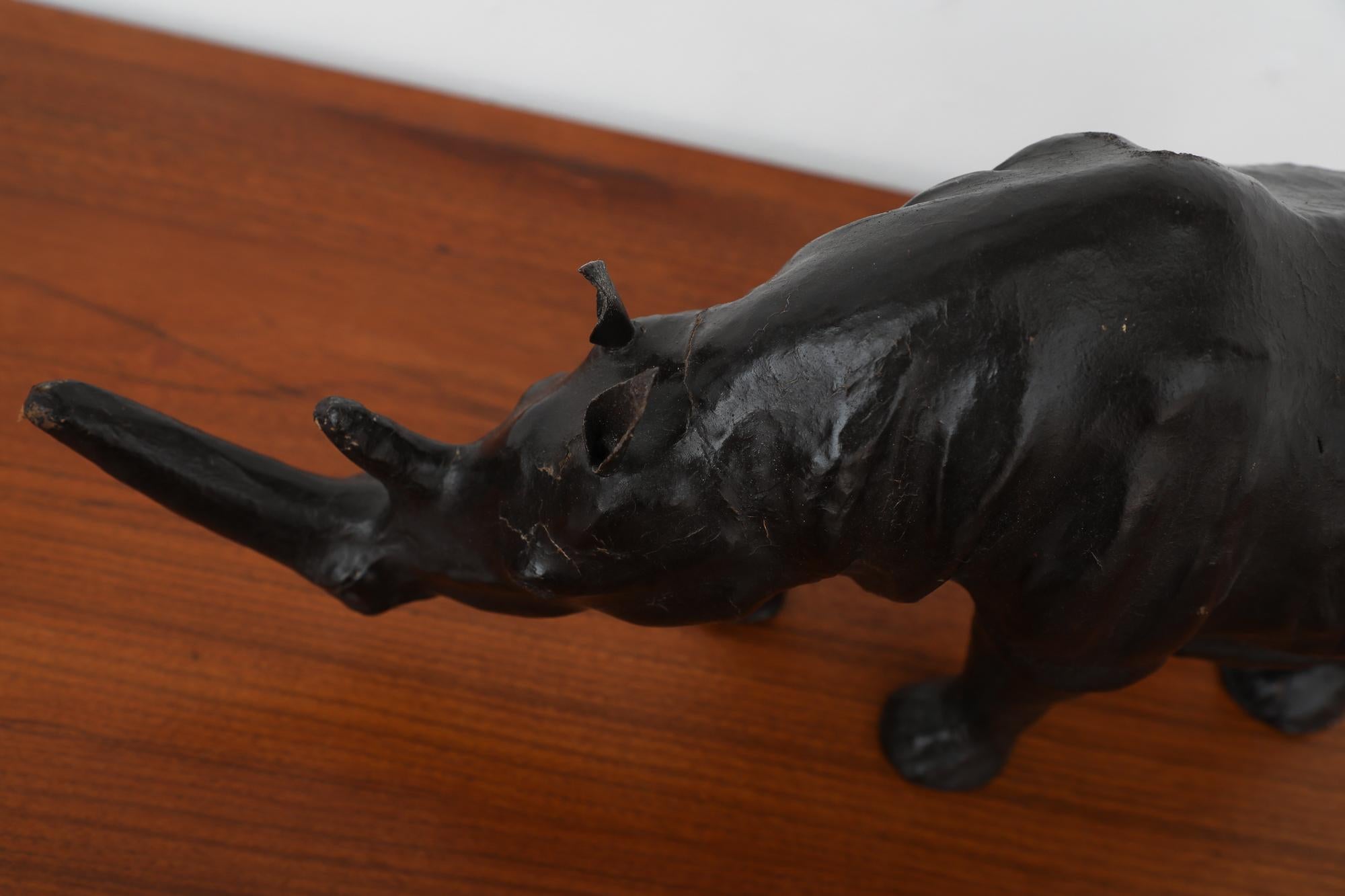 Mid-Century French Carved Patinated Leather Rhinoceros Sculpture For Sale 7