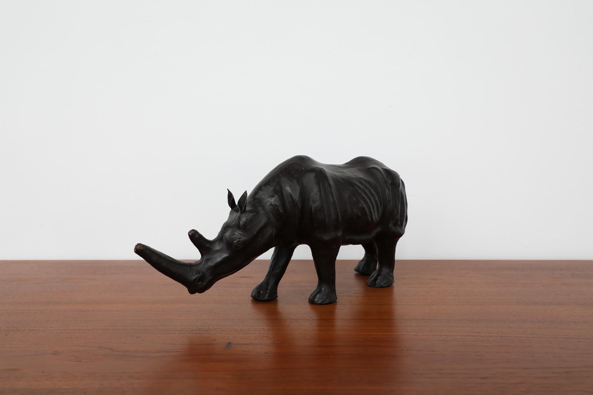 Mid-Century French Carved Patinated Leather Rhinoceros Sculpture In Good Condition For Sale In Los Angeles, CA