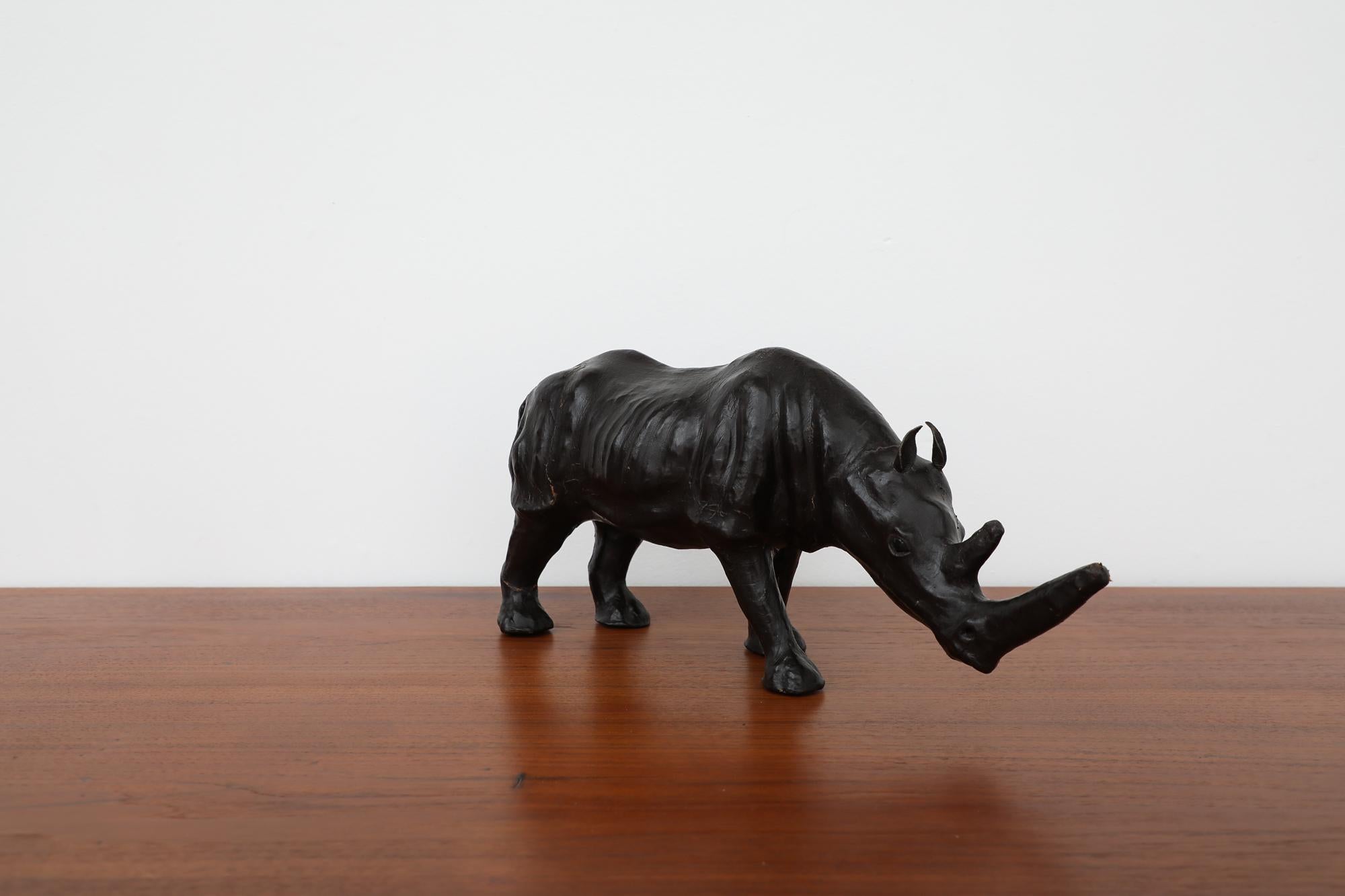 Mid-Century French Carved Patinated Leather Rhinoceros Sculpture For Sale 1