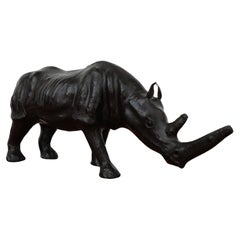 Retro Mid-Century French Carved Patinated Leather Rhinoceros Sculpture