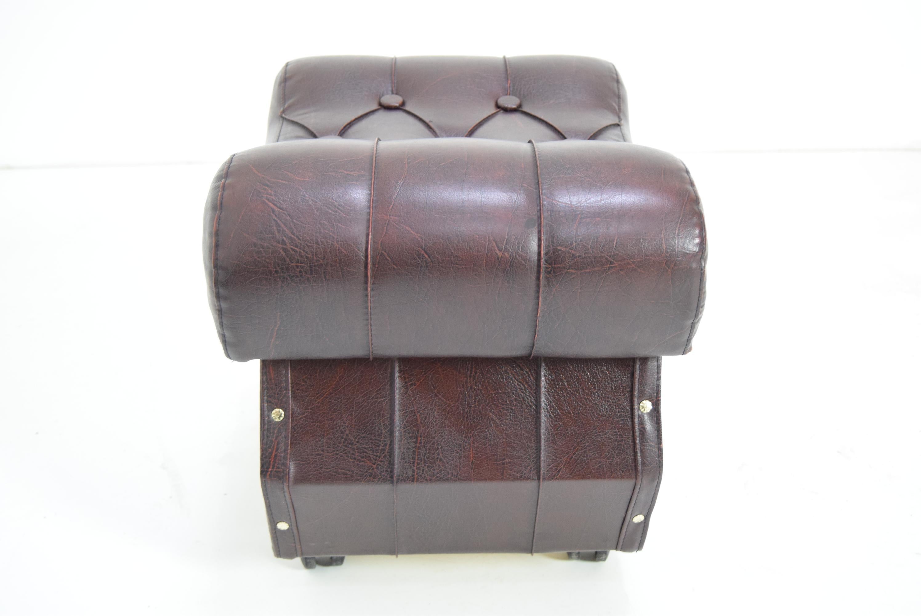 Faux Leather Midcentury Leatherette Stool with Wheels, 1970s For Sale