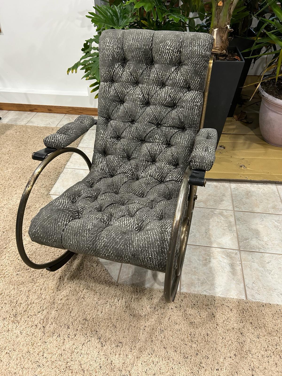 Mid-Century Lee Woodward Tufted Sculptural Rocking Chair in a printed charcoal textured chenille. Beautiful tubular brass frame with sensational lines. Upholstered and matching tufted body and arms. Original Mfg label is not shown as it is newly