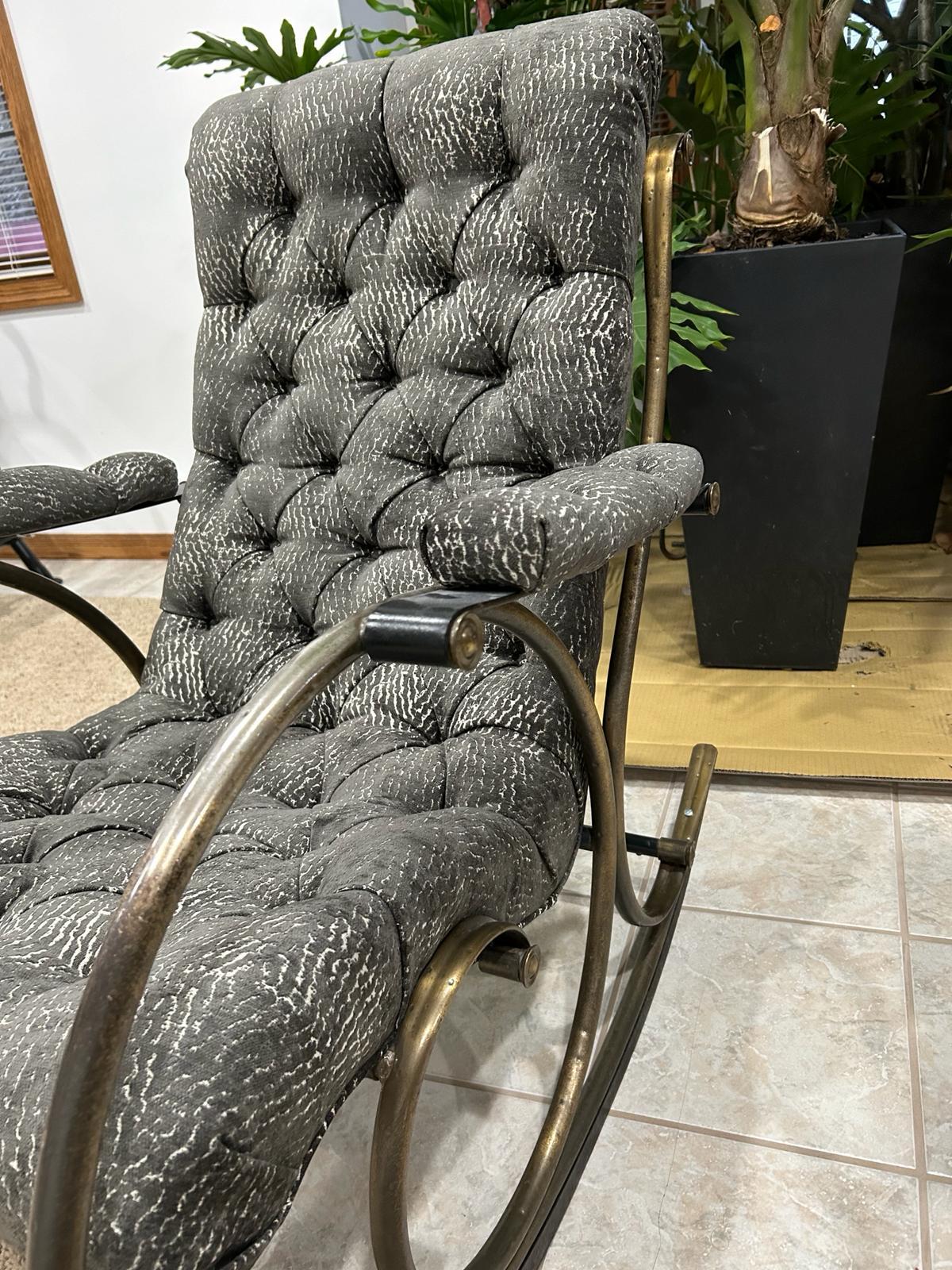 Brass Mid-Century Lee Woodward Tufted Chenille Sculptural Rocking Chair For Sale