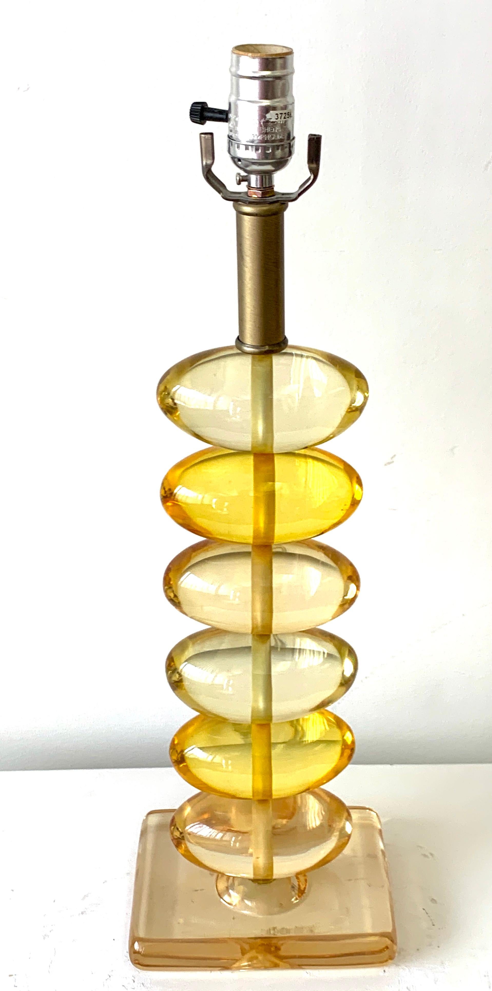 Midcentury Lemon Yellow Lucite Stacked Ovid Lamp 4