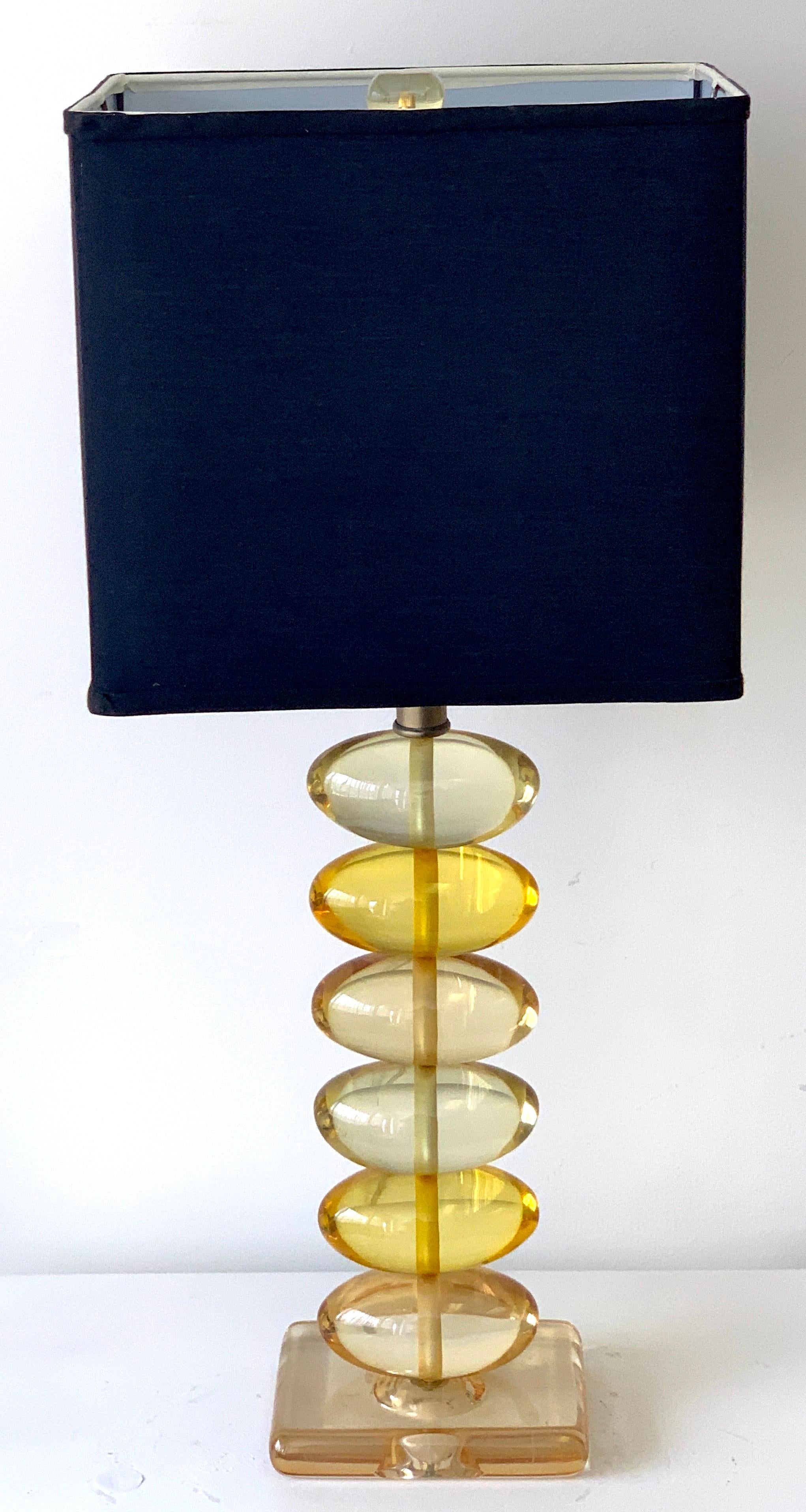 Midcentury Lemon Yellow Lucite Stacked Ovid Lamp In Good Condition In West Palm Beach, FL