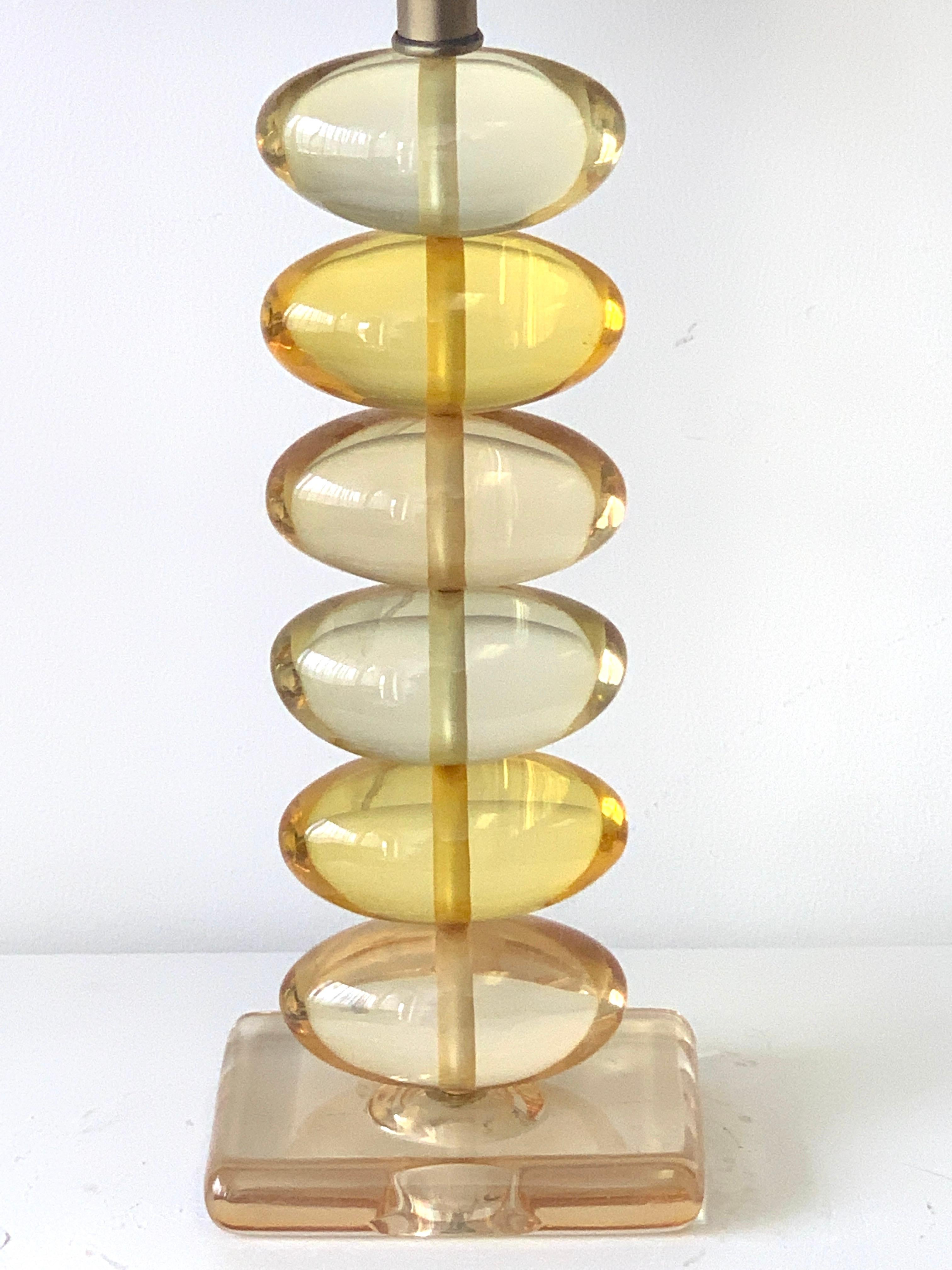 Midcentury Lemon Yellow Lucite Stacked Ovid Lamp 2