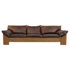 Mid-Century Leolux "Ming" 3 Seater Oak and Natural Brown Leather Sofa