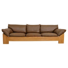 Mid-Century Leolux 3 Seater Oak and Natural Brown Leather Sofa