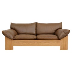 Mid-Century Leolux "Ming" Loveseat with Golden Oak Frame and Tan Leather Seating