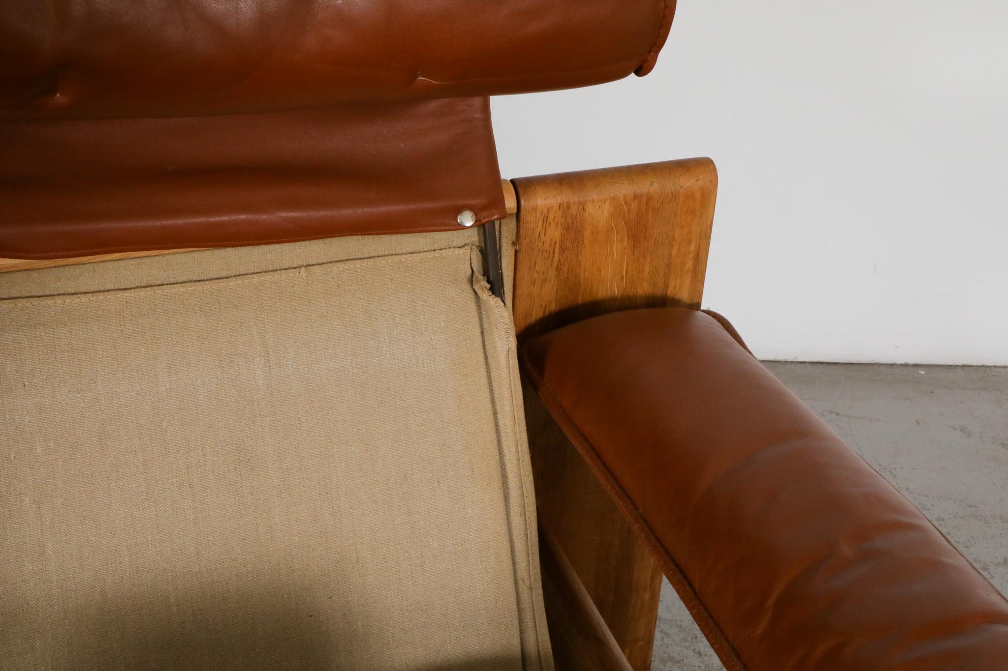 Mid-Century Leolux Oak Framed Cognac Leather Loveseat with Removable Headrests 13