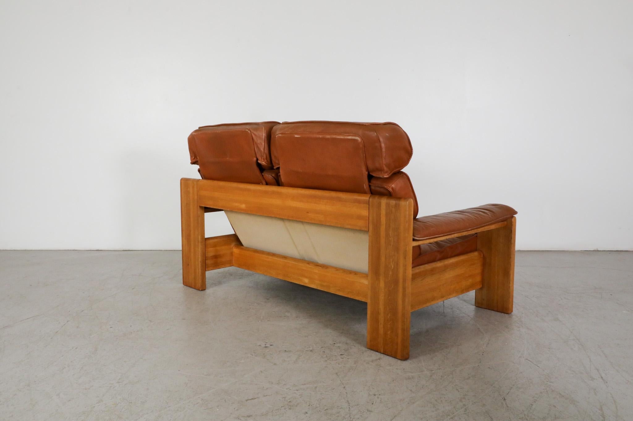 Mid-20th Century Mid-Century Leolux Oak Framed Cognac Leather Loveseat with Removable Headrests For Sale