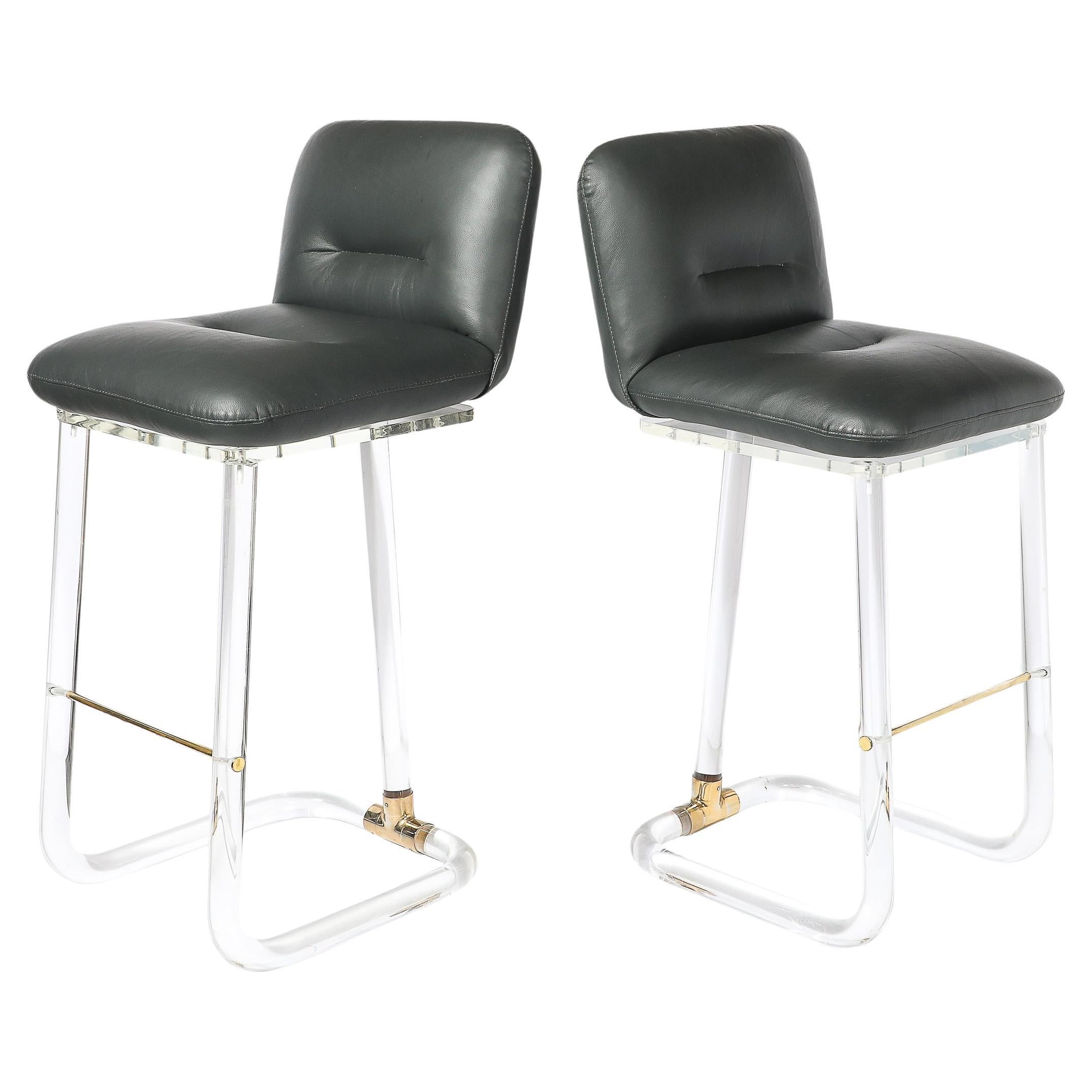 Mid-Century Leon Frost Tubular Stools in Lucite, Brass & Holly Hunt Leather