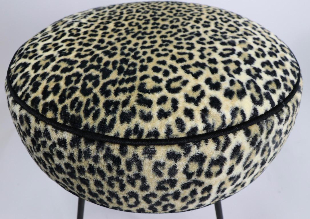 Mid Century  Leopard Upholstered Pouf Ottoman on Wrought Iron Legs 3