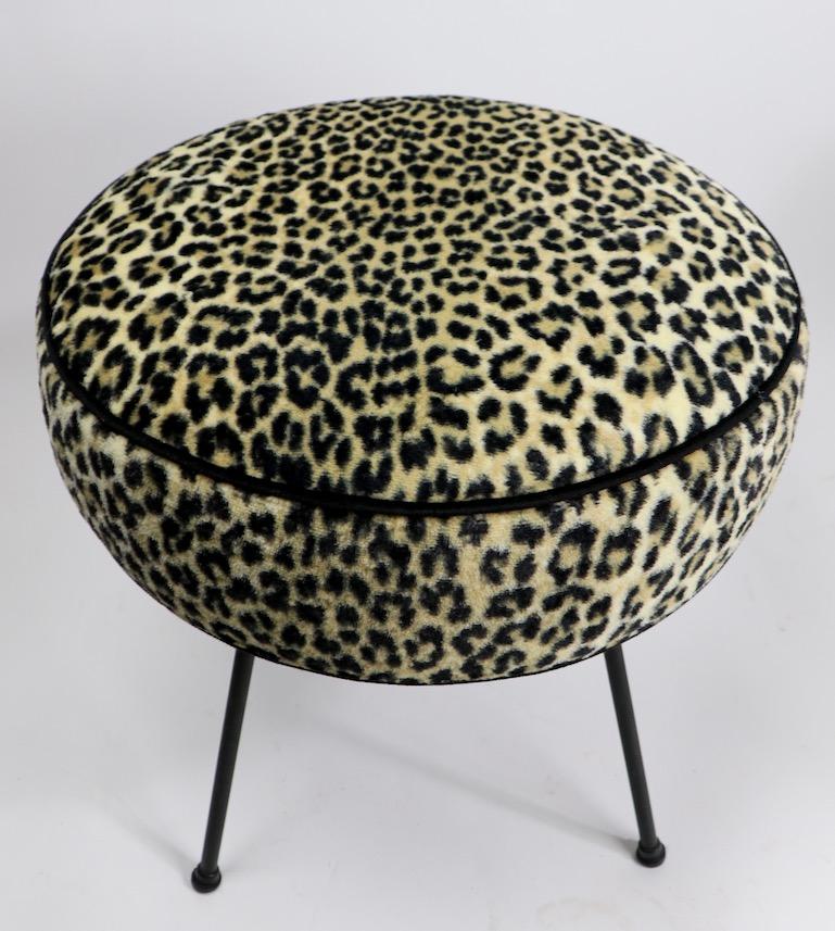 American Mid Century  Leopard Upholstered Pouf Ottoman on Wrought Iron Legs