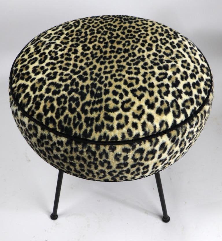 Mid Century Leopard Upholstered Pouf Ottoman on Wrought Iron Legs at