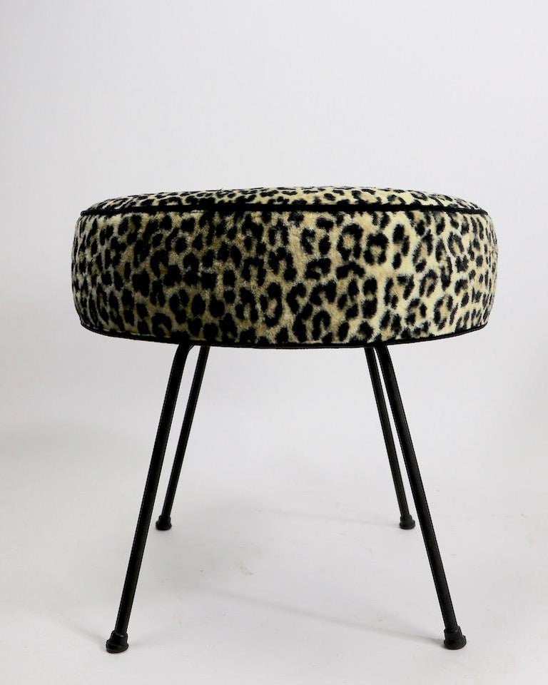 Mid Century Leopard Upholstered Pouf Ottoman on Wrought Iron Legs at