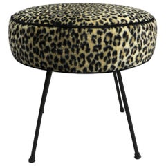 Mid Century Leopard Upholstered Pouf Ottoman on Wrought Iron Legs