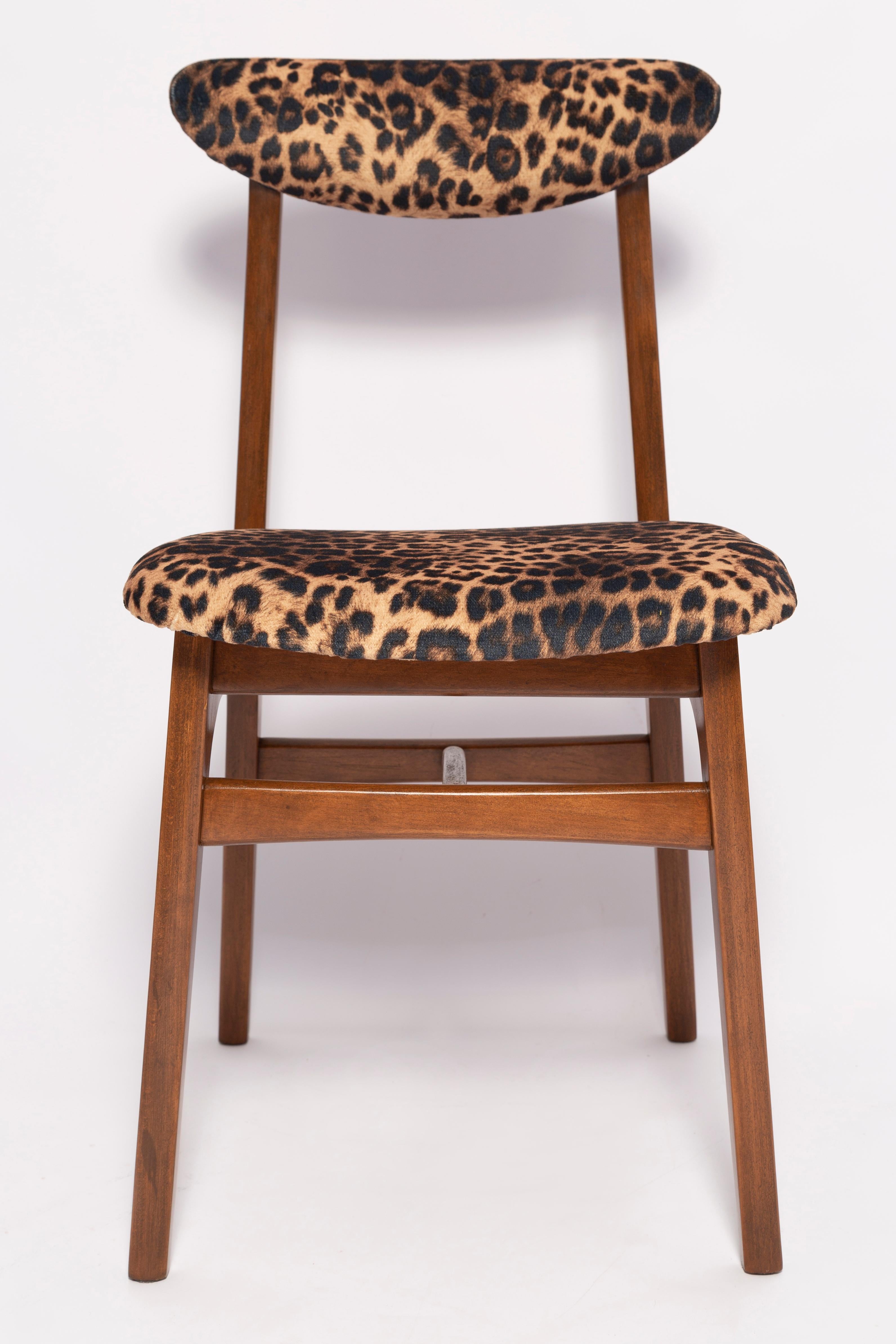 Hand-Crafted Mid Century Leopard Velvet Chair, Walnut Wood, Rajmund Halas, Poland, 1960s For Sale