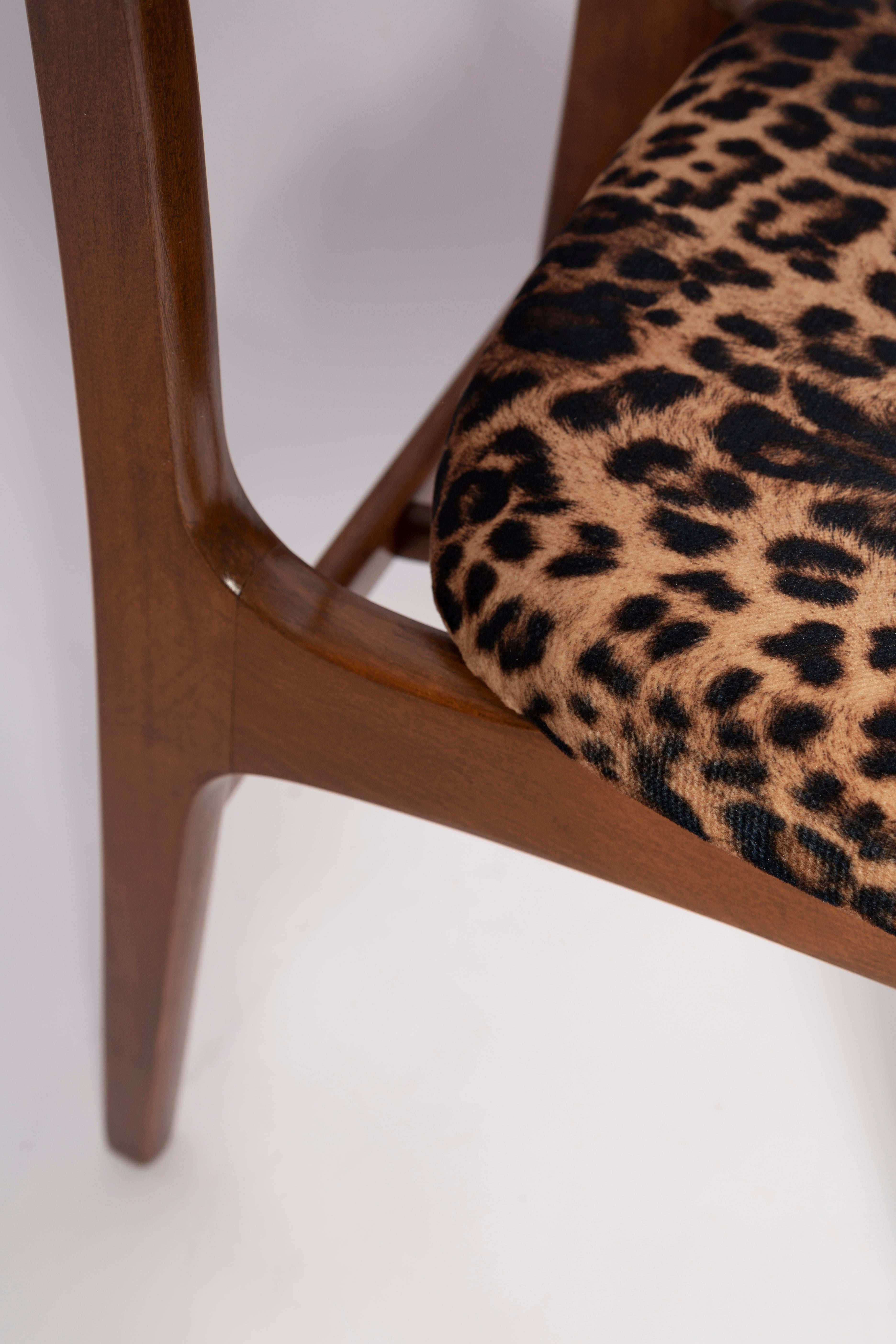 Mid Century Leopard Velvet Chair, Walnut Wood, Rajmund Halas, Poland, 1960s For Sale 2