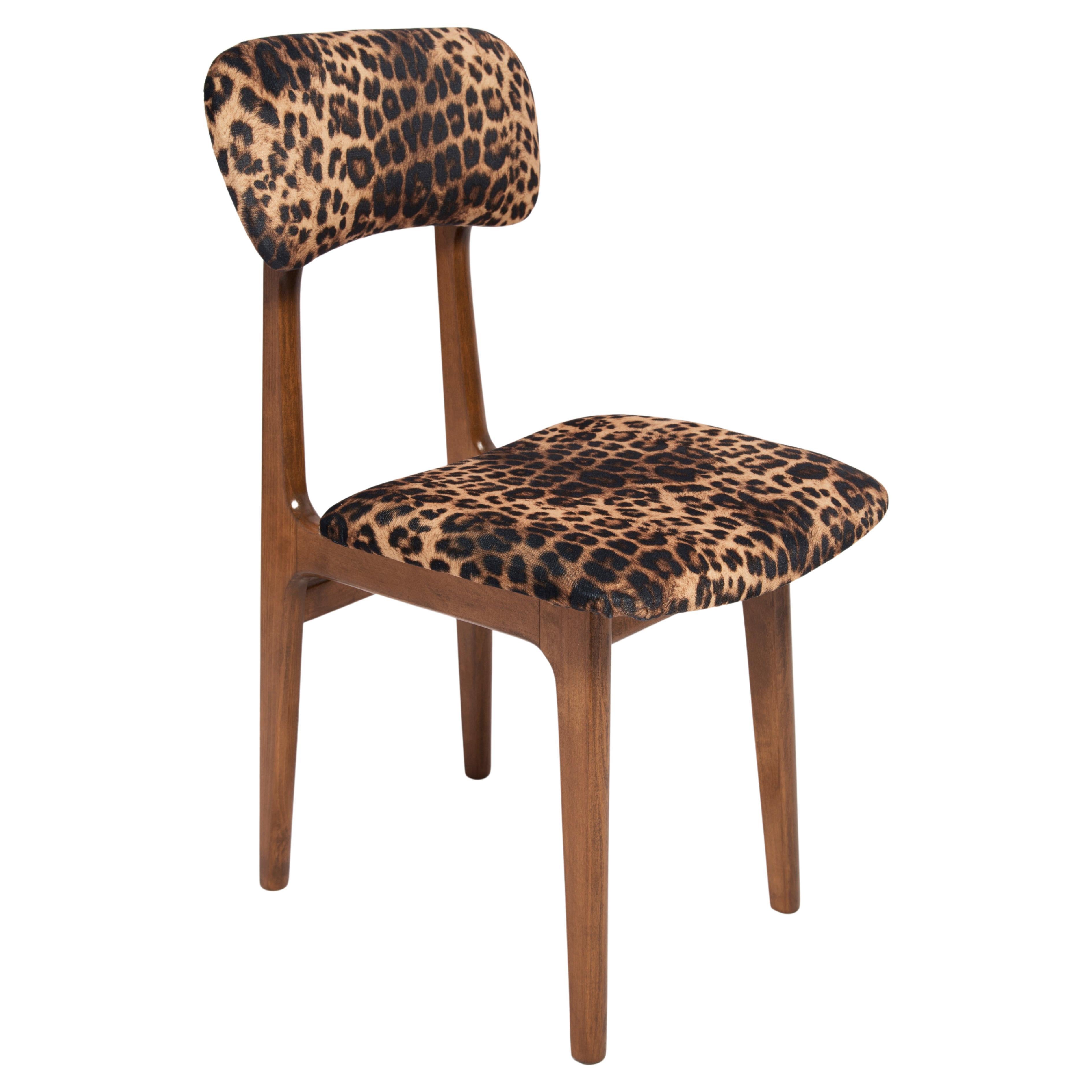 Mid Century Leopard Velvet Chair, Walnut Wood, Rajmund Halas, Poland, 1960s For Sale