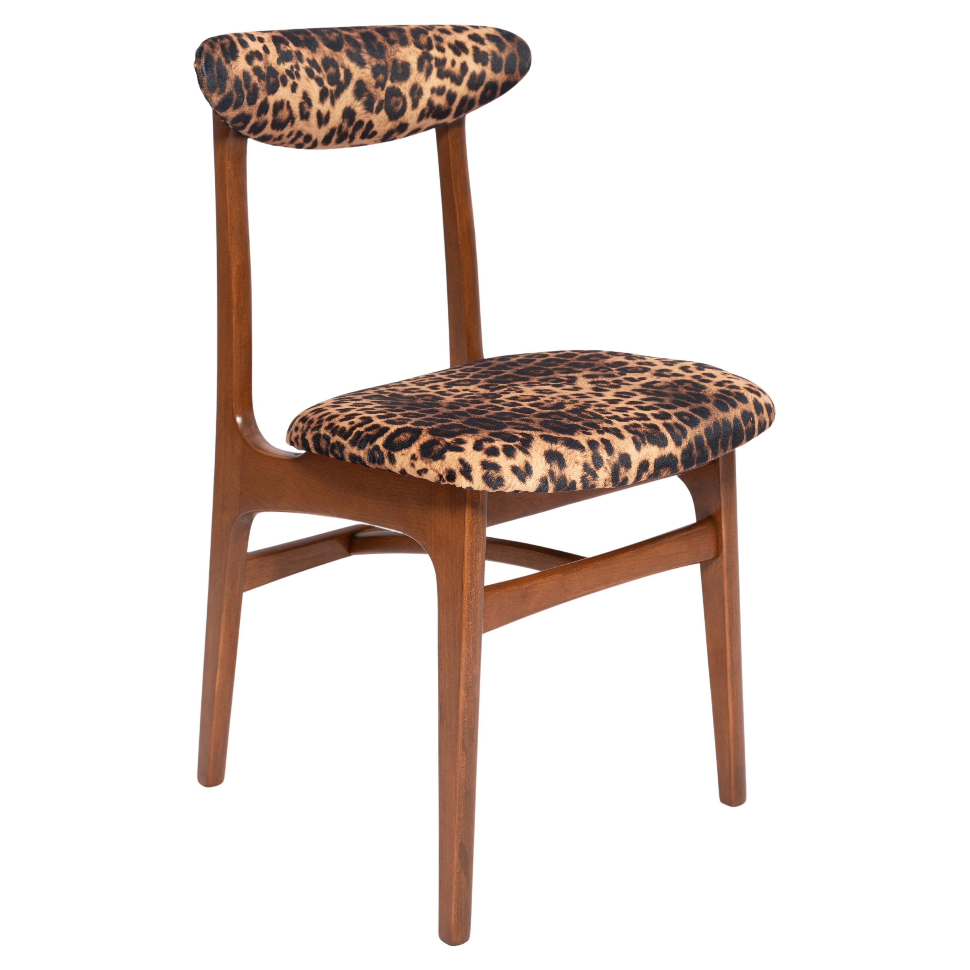 Mid Century Leopard Velvet Chair, Walnut Wood, Rajmund Halas, Poland, 1960s