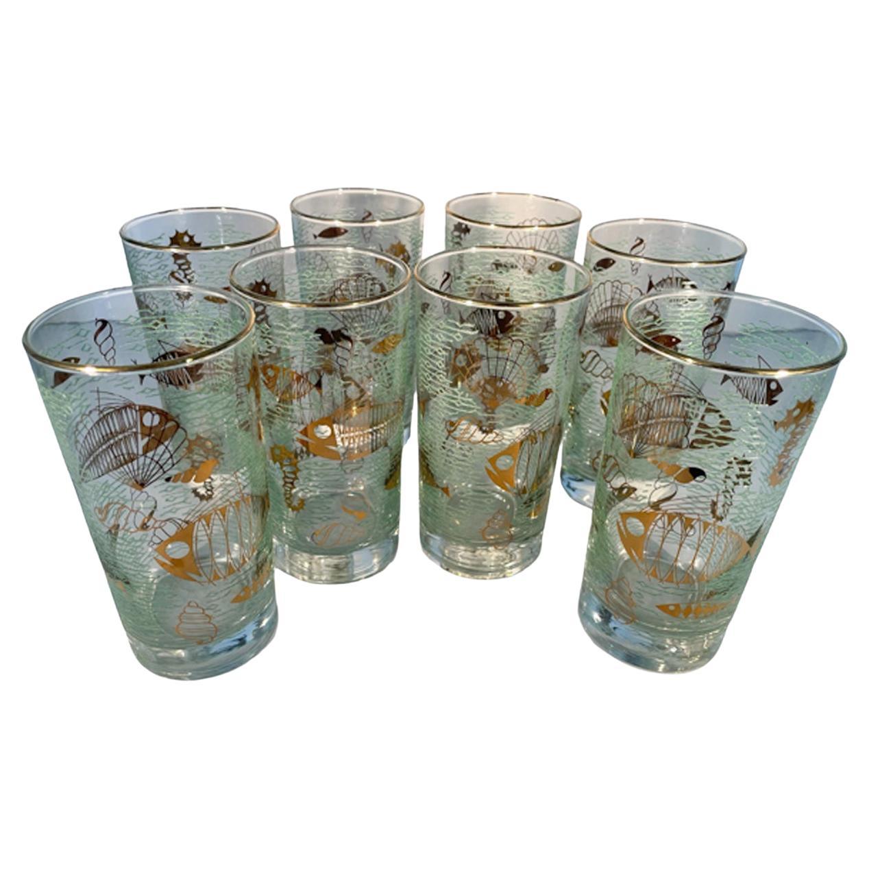 Midcentury Libbey Glass Highball Glasses in the Marine Life Pattern For Sale