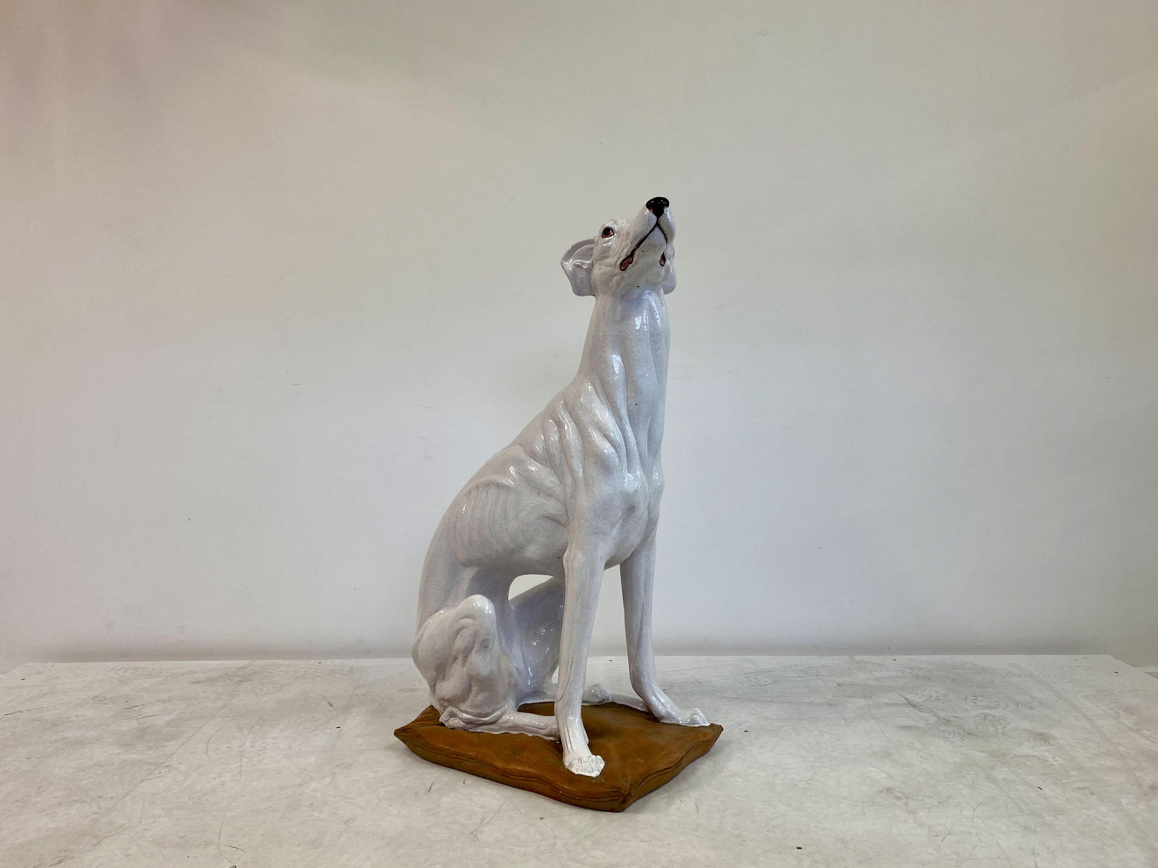 Midcentury Life-Size Italian White Glazed Terracotta Greyhound Dog 1