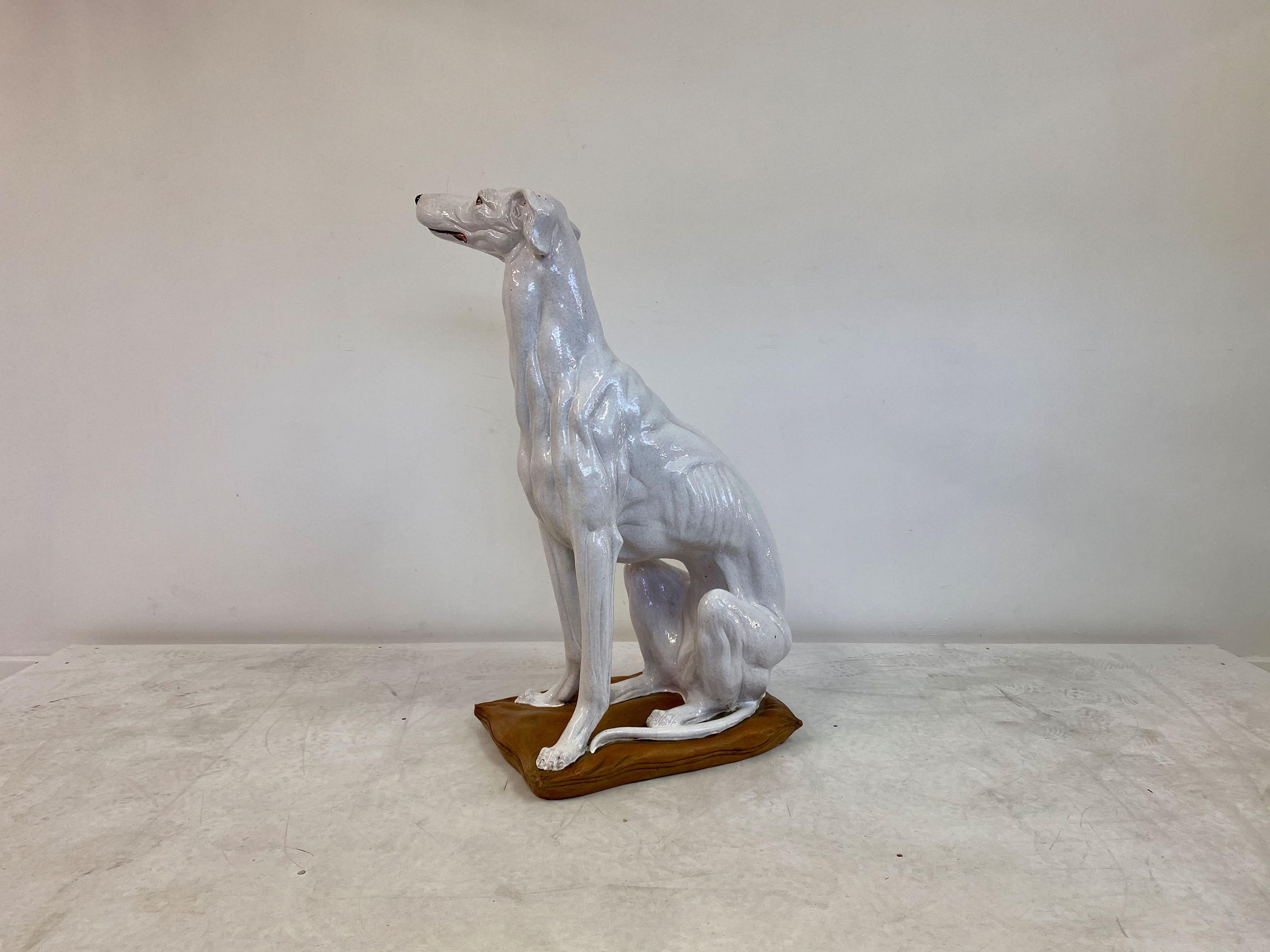 Midcentury Life-Size Italian White Glazed Terracotta Greyhound Dog 3