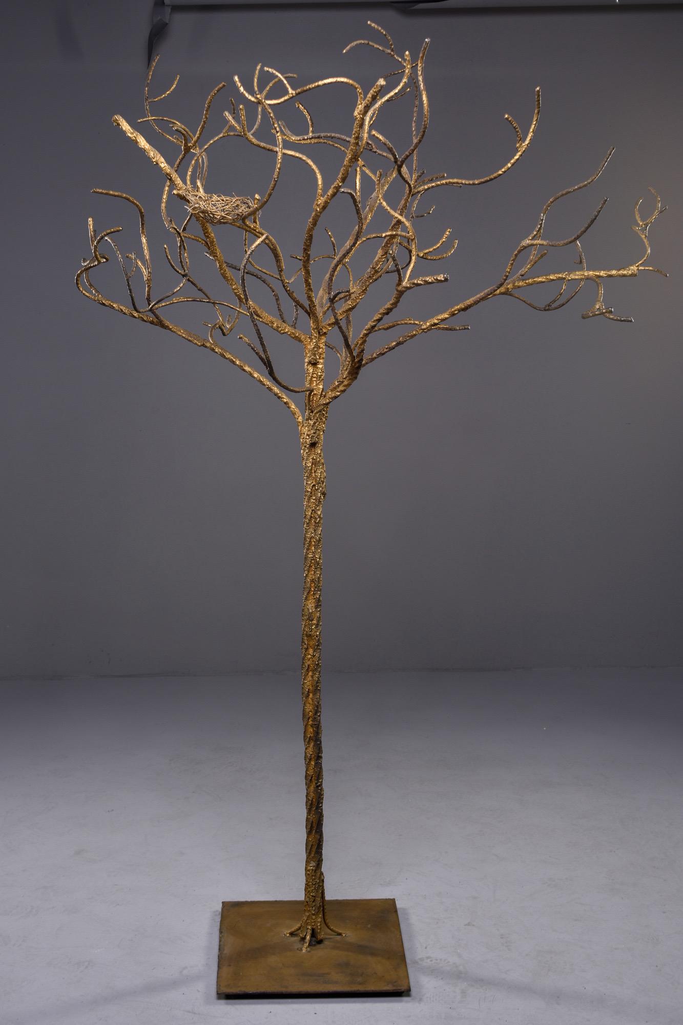 20th Century Midcentury Life-Sized Gilt Iron Tree with Nest