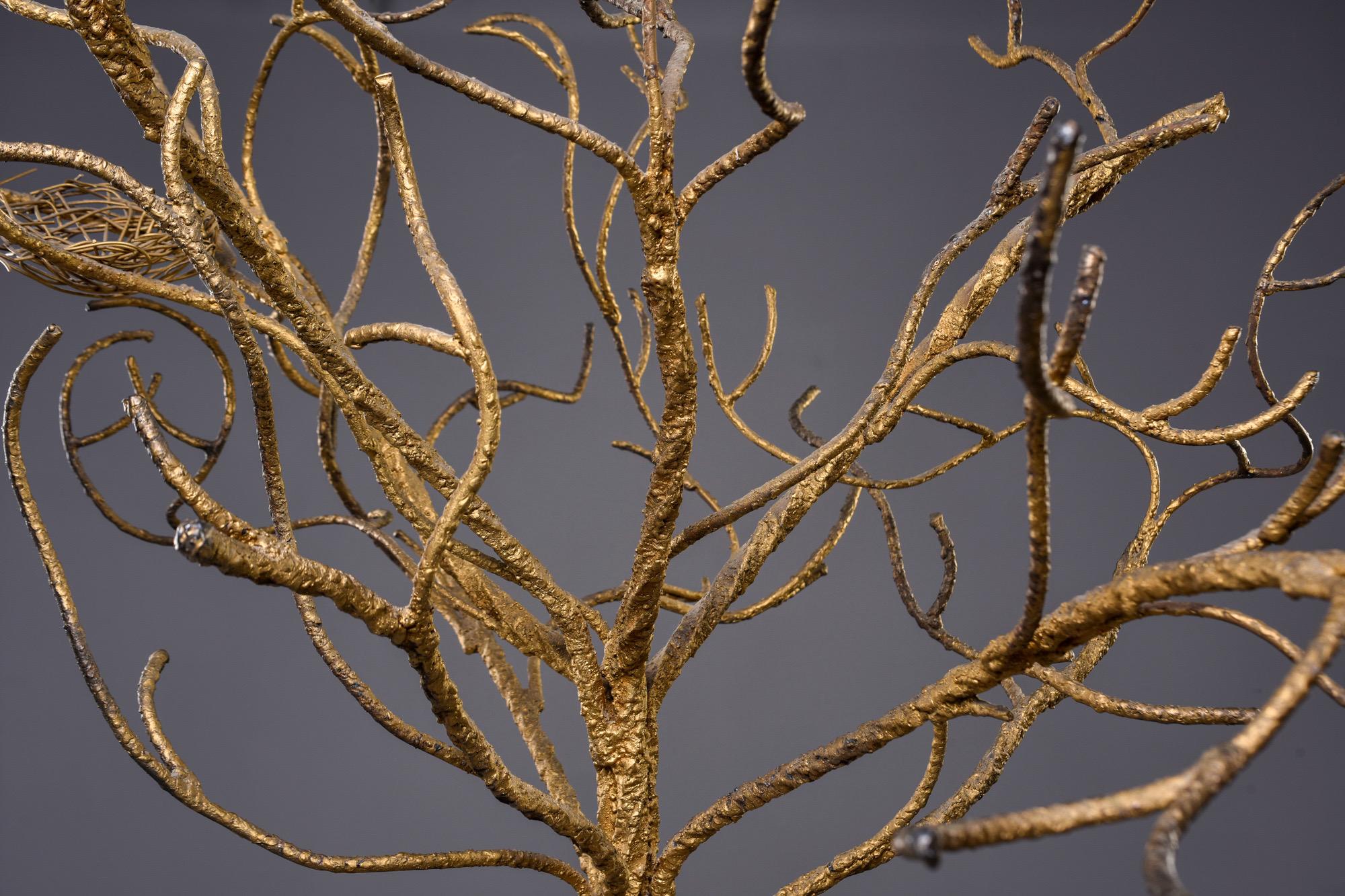 Midcentury Life-Sized Gilt Iron Tree with Nest 2