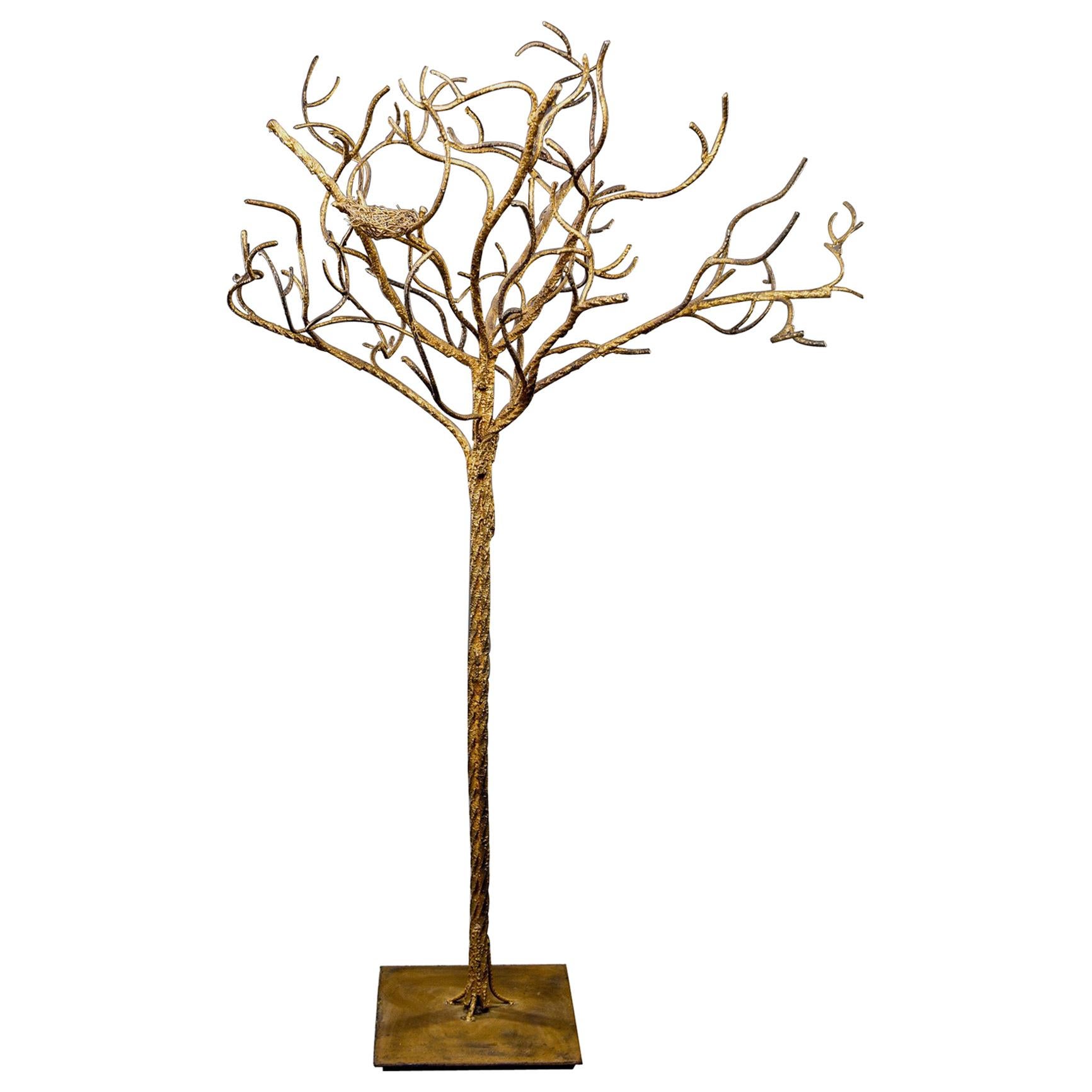 Midcentury Life-Sized Gilt Iron Tree with Nest