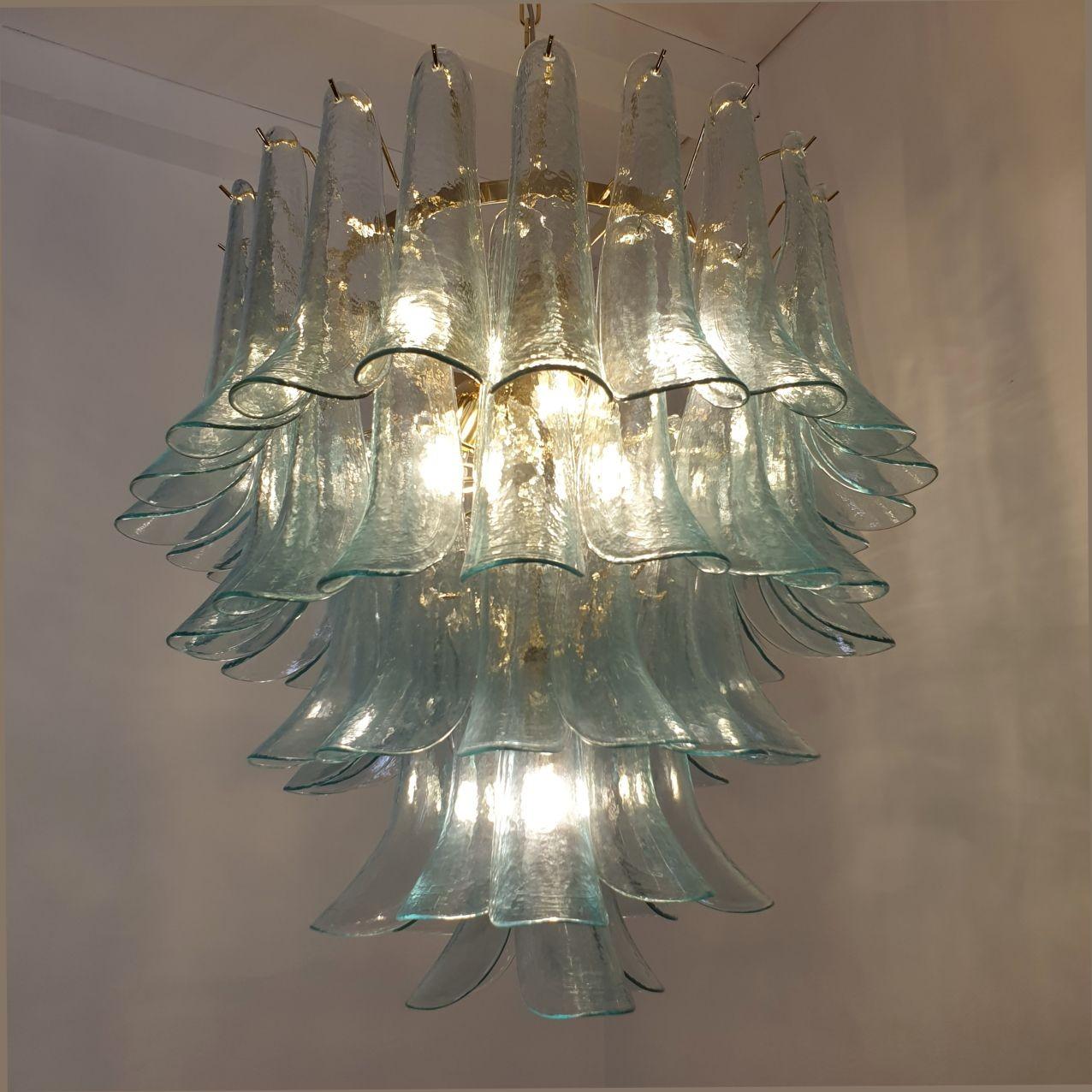 Gold Plate Mid Century Light Blue Murano Glass Chandelier For Sale