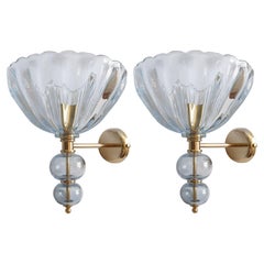 Mid-Century Light Blue Murano Glass Large Sconces, Barovier Style, a Pair