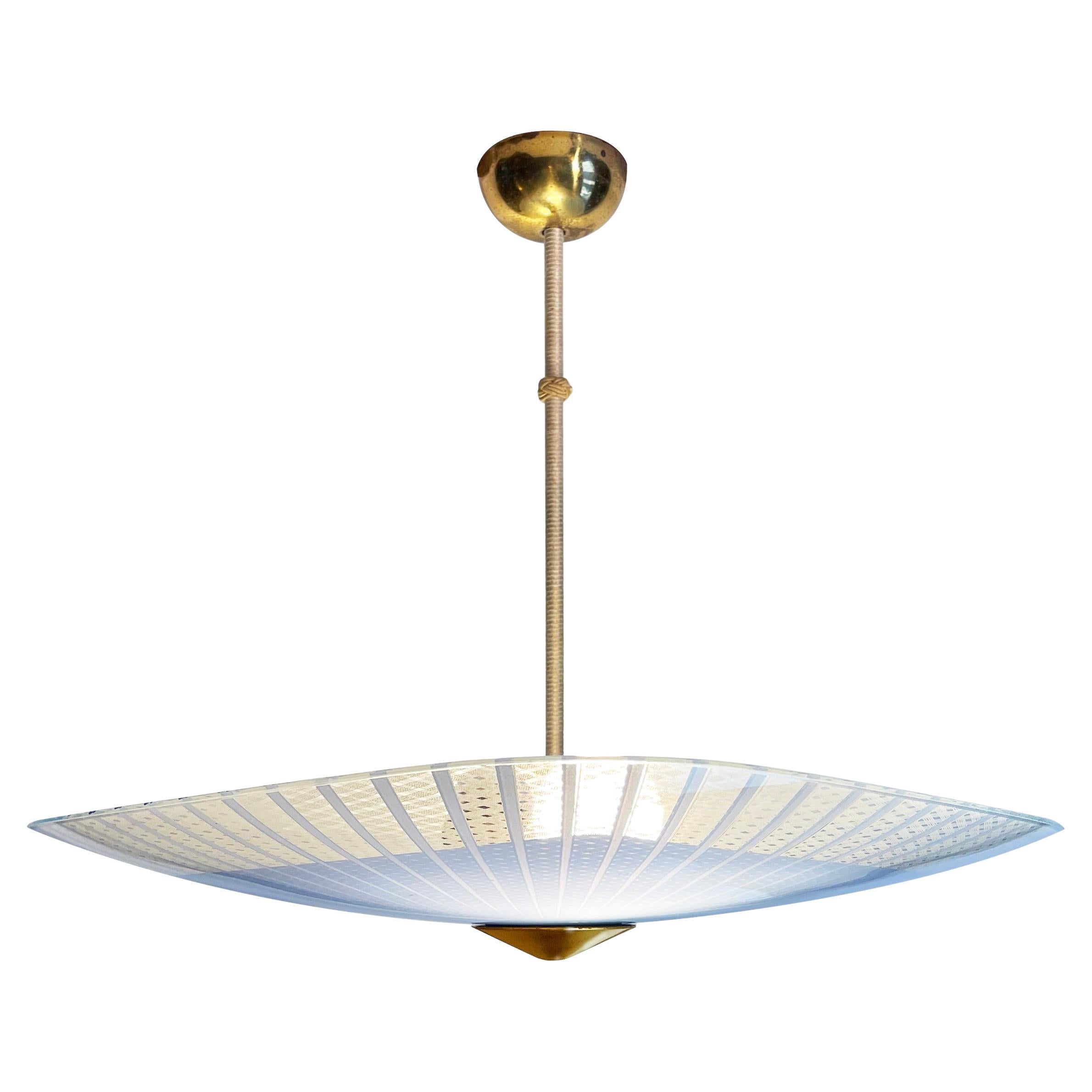 Mid-Century Light Blue Glass Triangle Disc Deckenleuchte, Doria, 1950er Jahre Deutschland