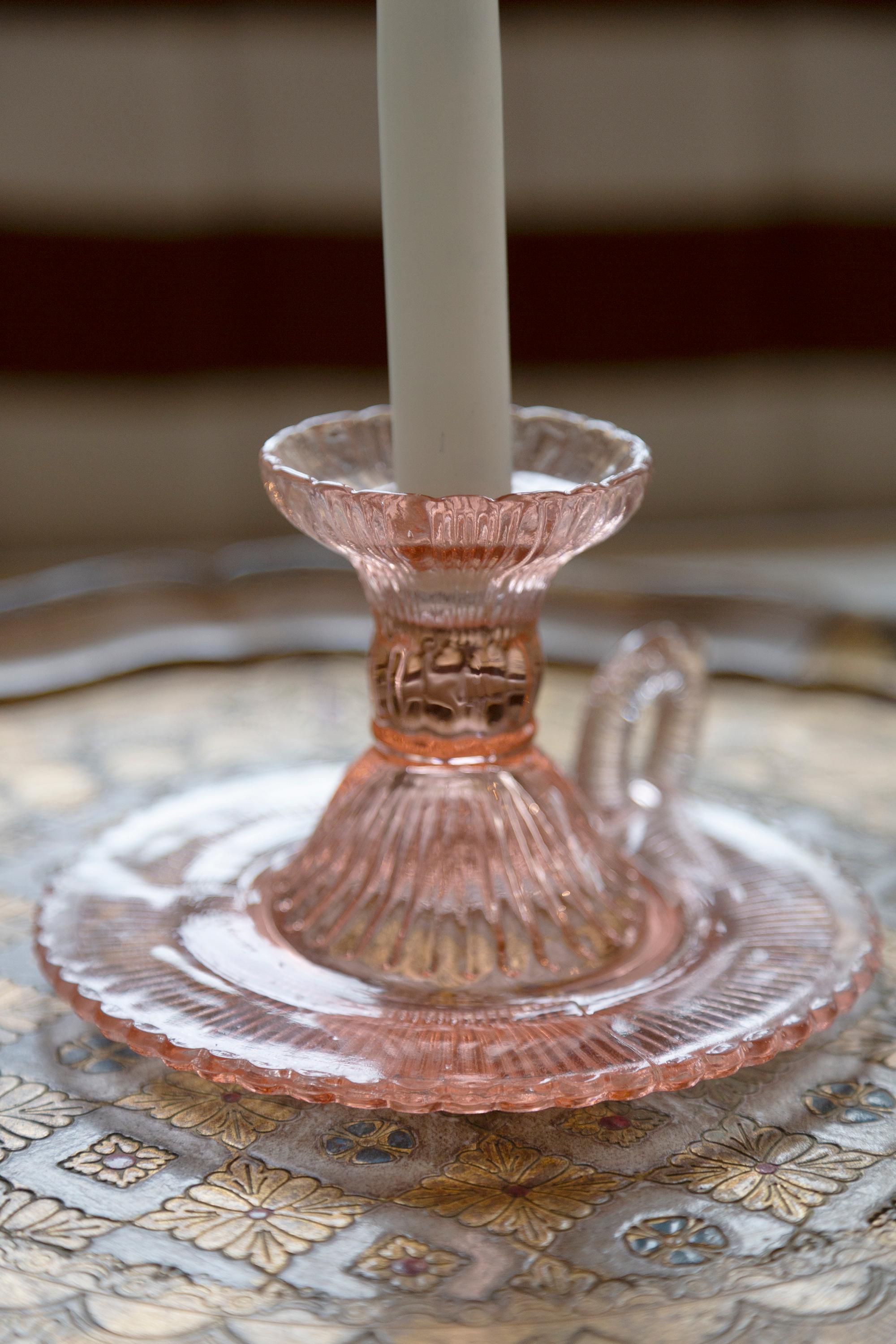 Polish Mid-Century Light Rose Glass Candlestick, Europe, 1960s For Sale
