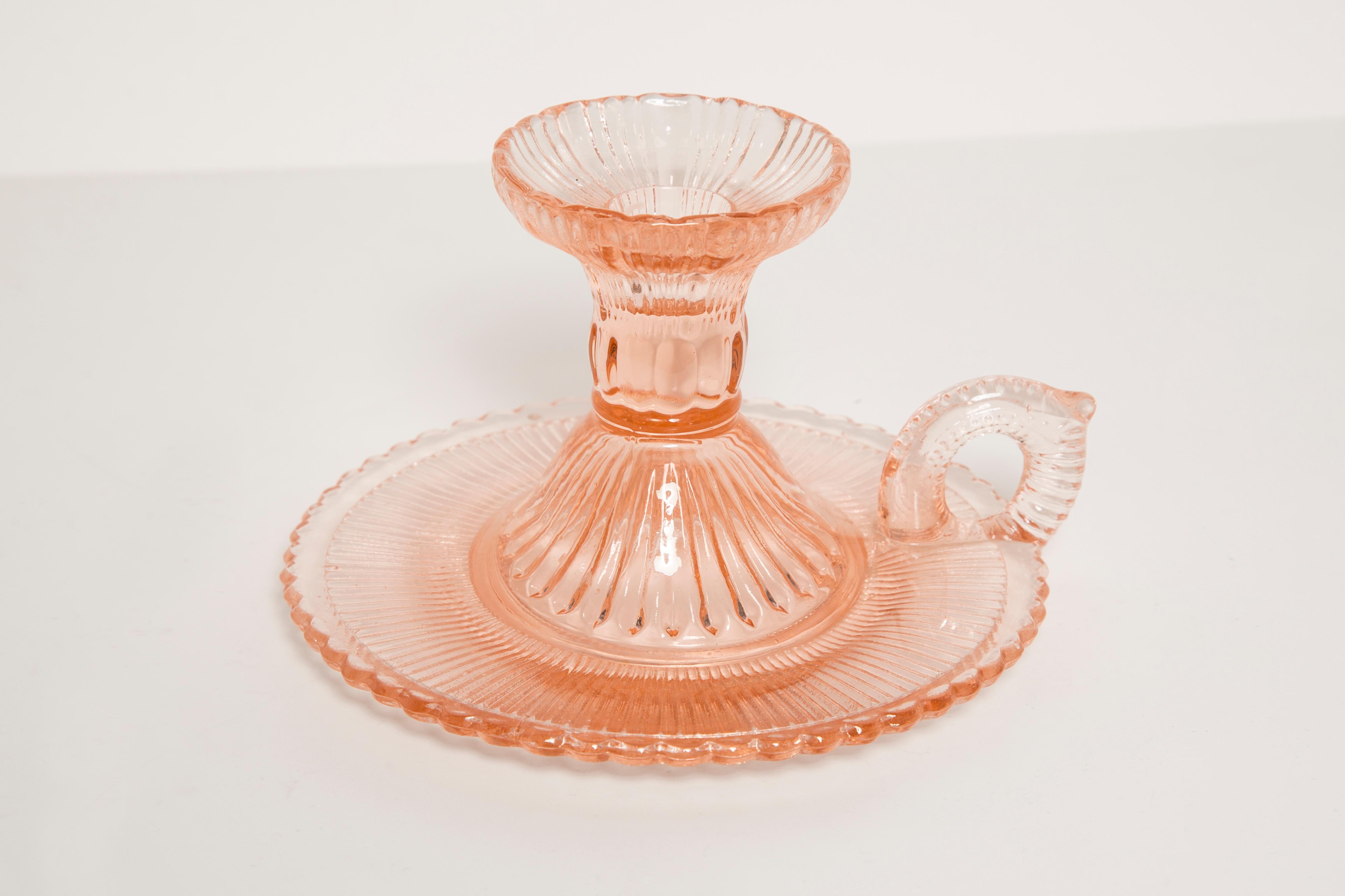 20th Century Mid-Century Light Rose Glass Candlestick, Europe, 1960s For Sale