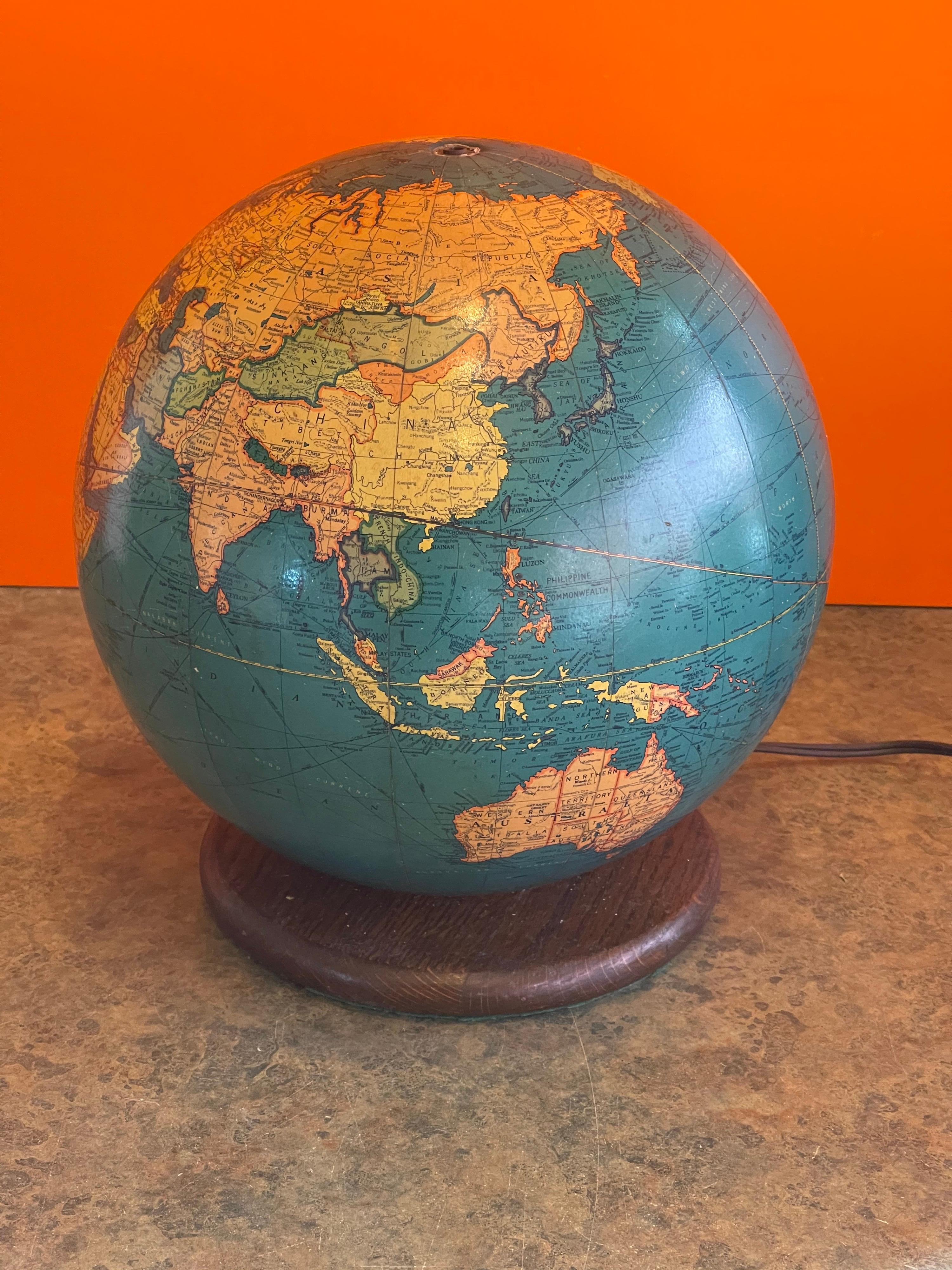 Mid-Century Modern Mid-Century Lighted Glass Globe on Wood Stand by Replogle Globe