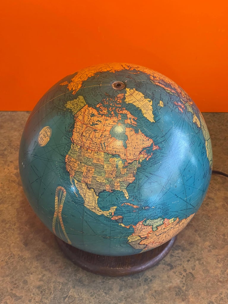MidCentury Lighted Glass Globe on Wood Stand by Replogle Globe For Sale at 1stDibs