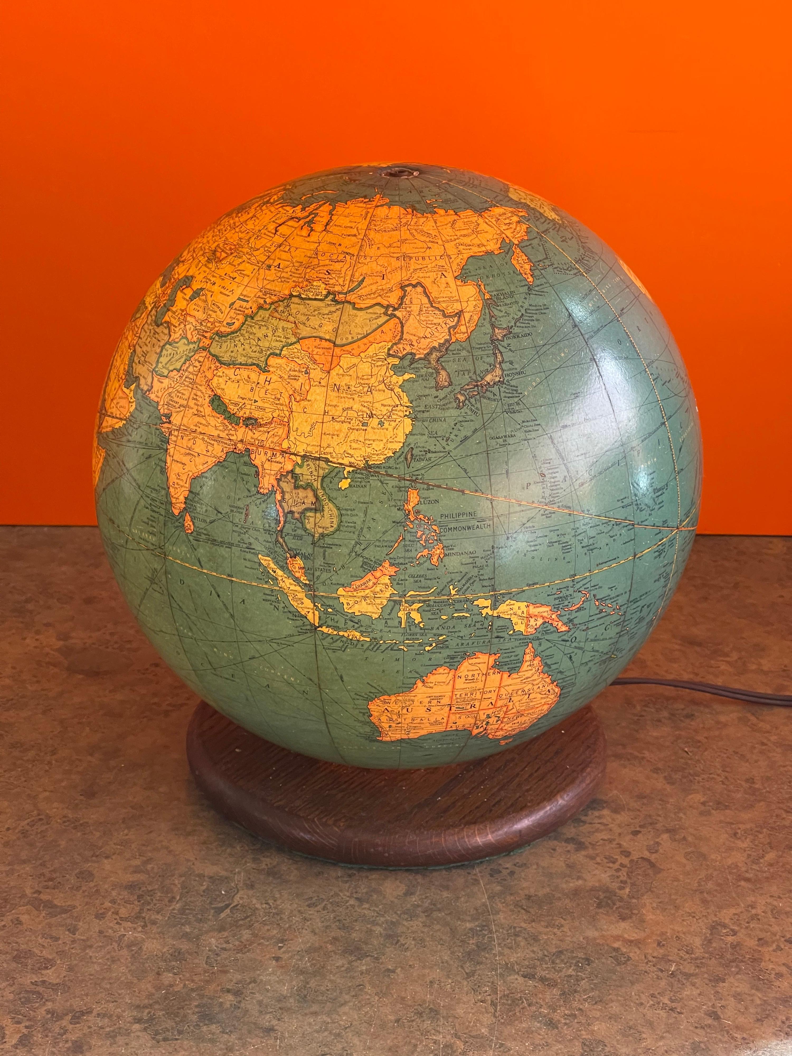 Mid-Century Lighted Glass Globe on Wood Stand by Replogle Globe In Good Condition In San Diego, CA
