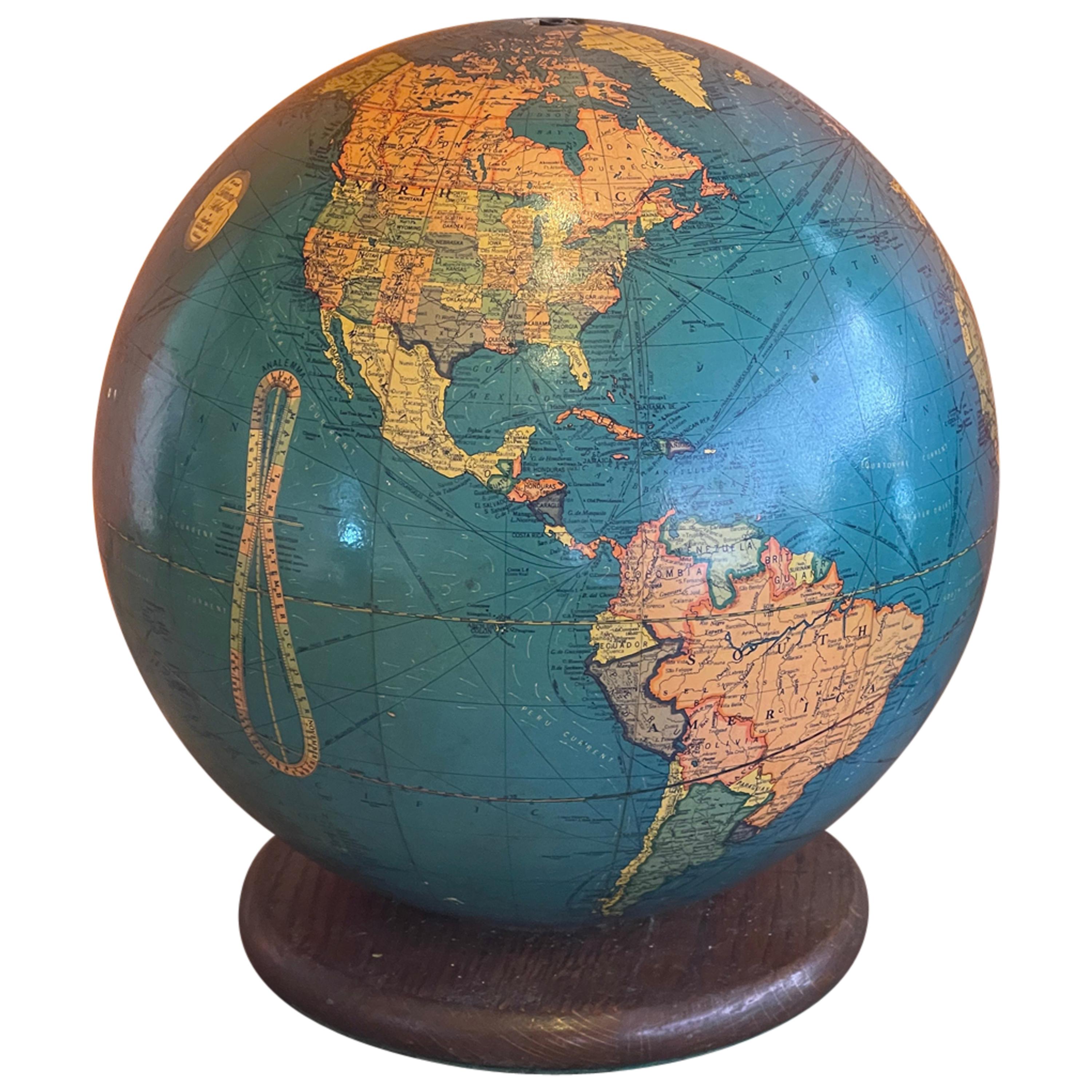Mid-Century Lighted Glass Globe on Wood Stand by Replogle Globe