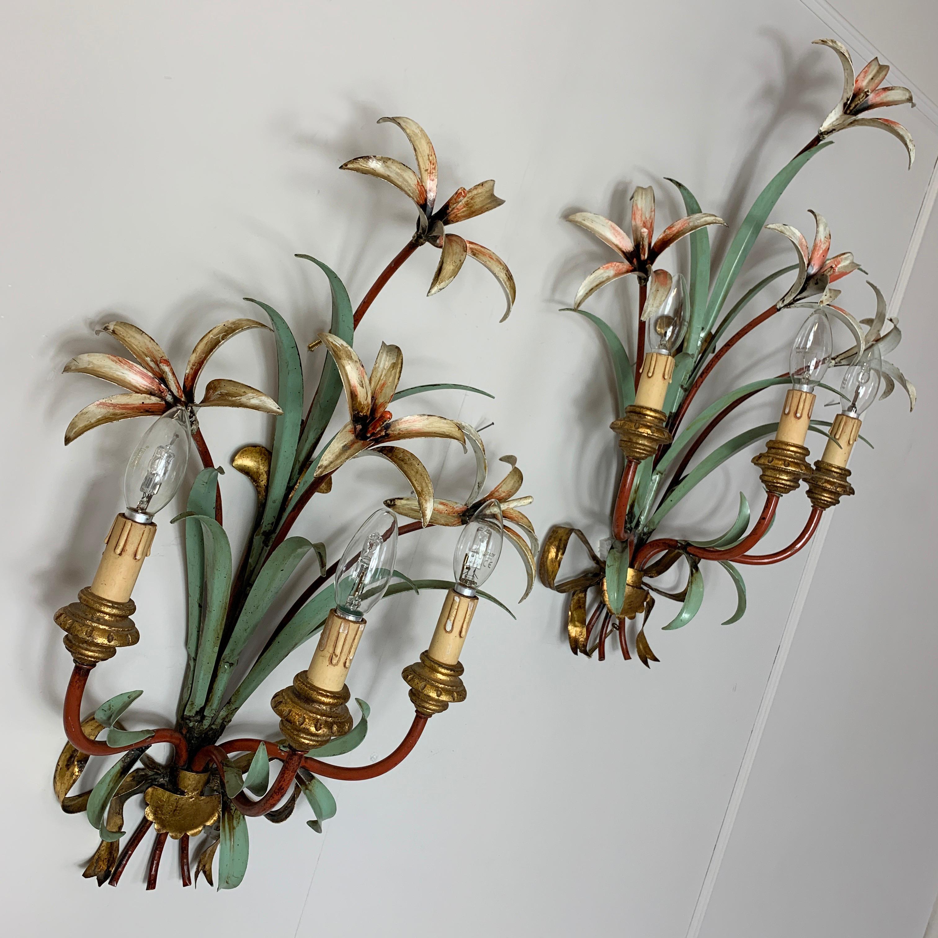 Mid-Century Modern Midcentury Lily Flower Tole Wall Lights, 1950s
