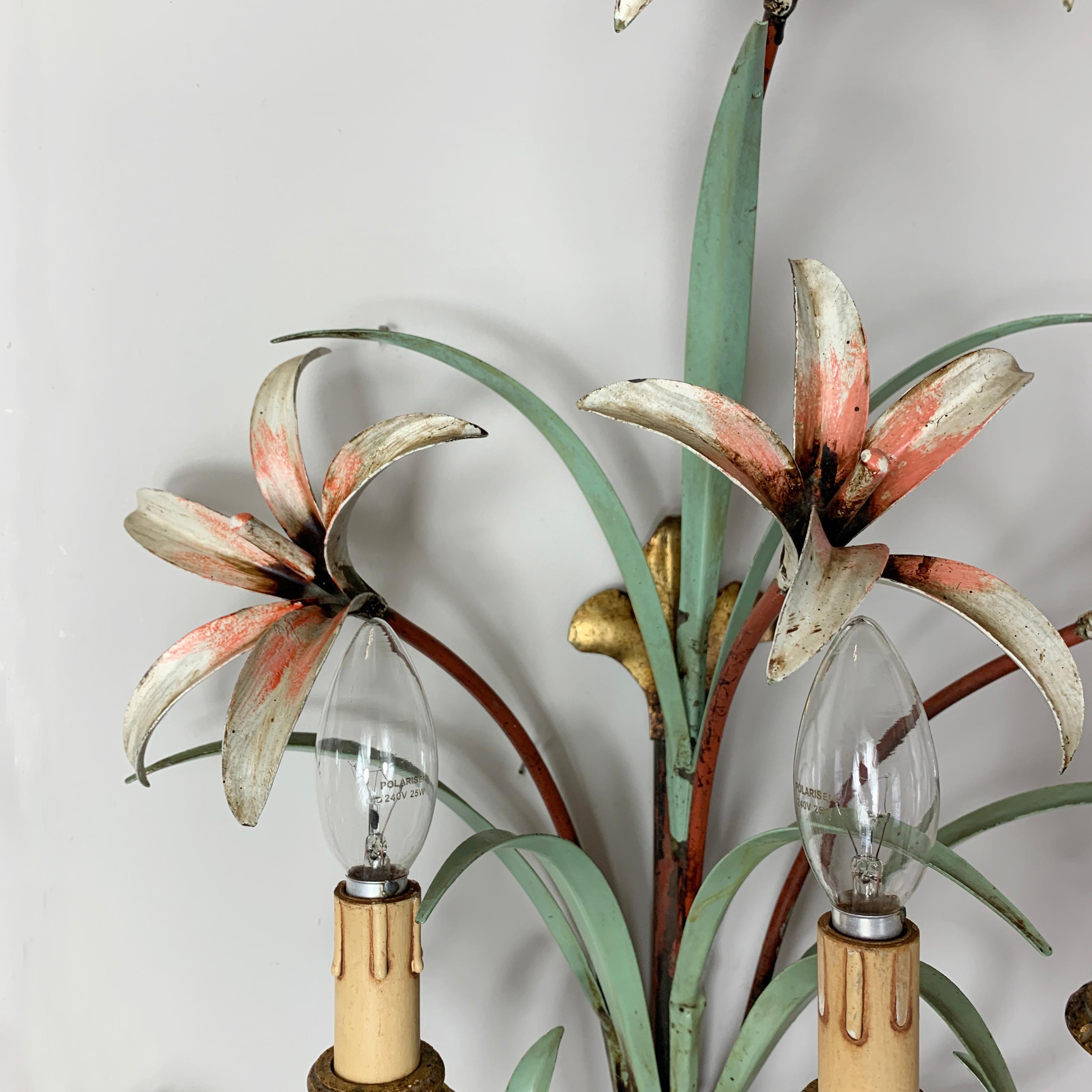 European Midcentury Lily Flower Tole Wall Lights, 1950s
