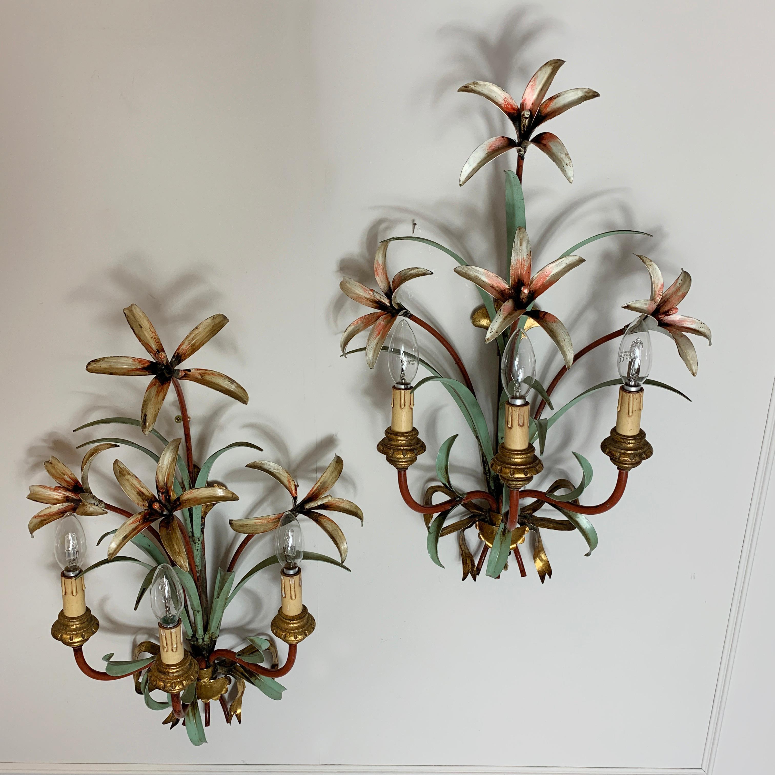 20th Century Midcentury Lily Flower Tole Wall Lights, 1950s
