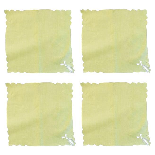 Mid Century Lime Green Fabric Embroidered Cloth Dinner Napkins, Set of 4