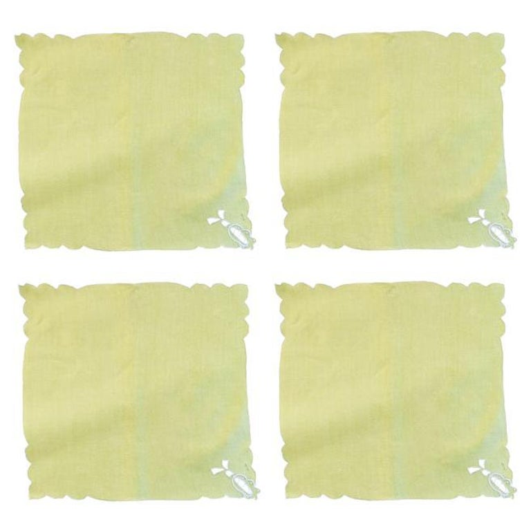 Mid Century Lime Green Fabric Embroidered Cloth Dinner Napkins, Set of