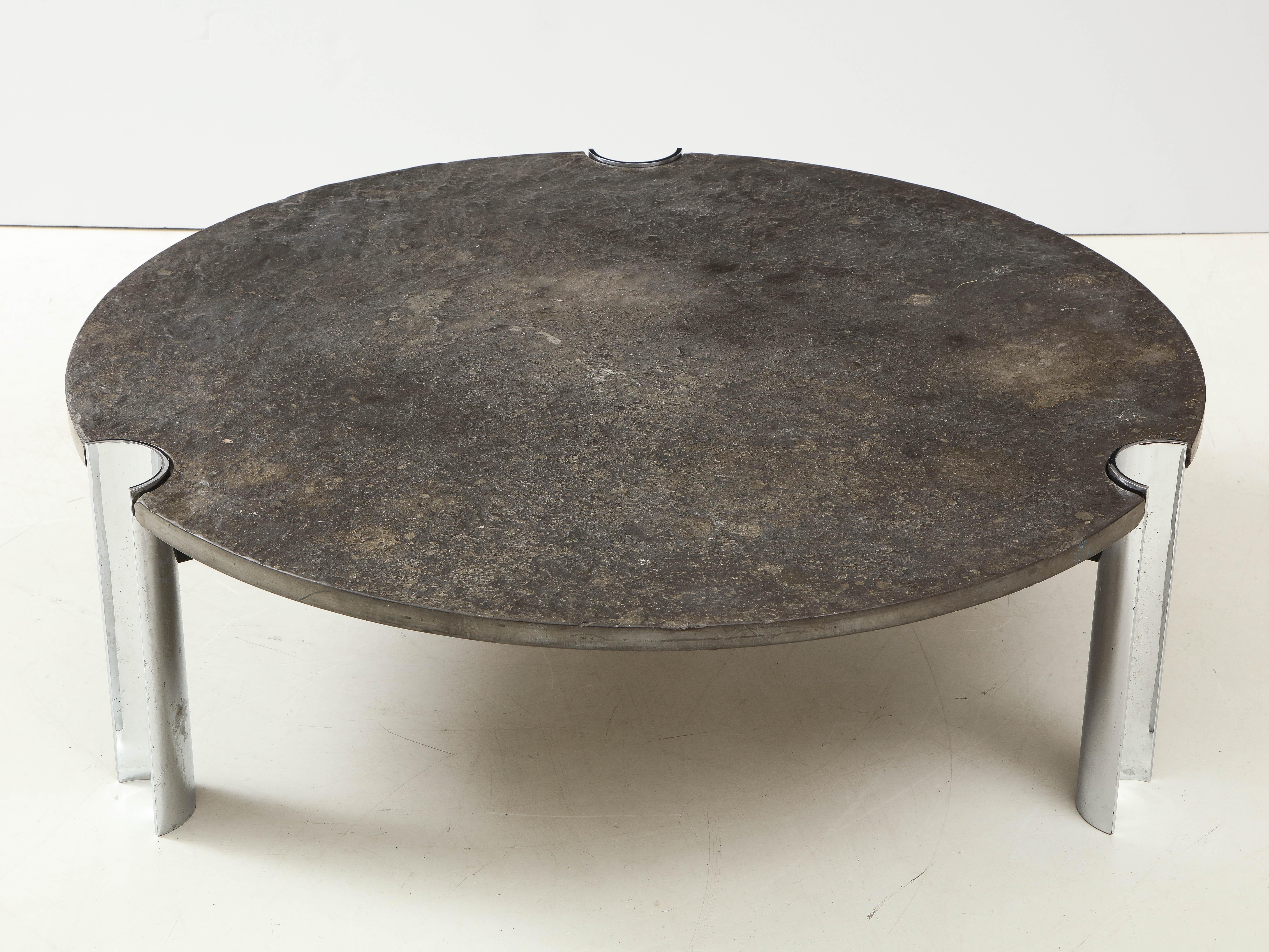 Mid-Century Limestone and Chrome Coffee Table with Fossils, Brazil, c. 1970s For Sale 5